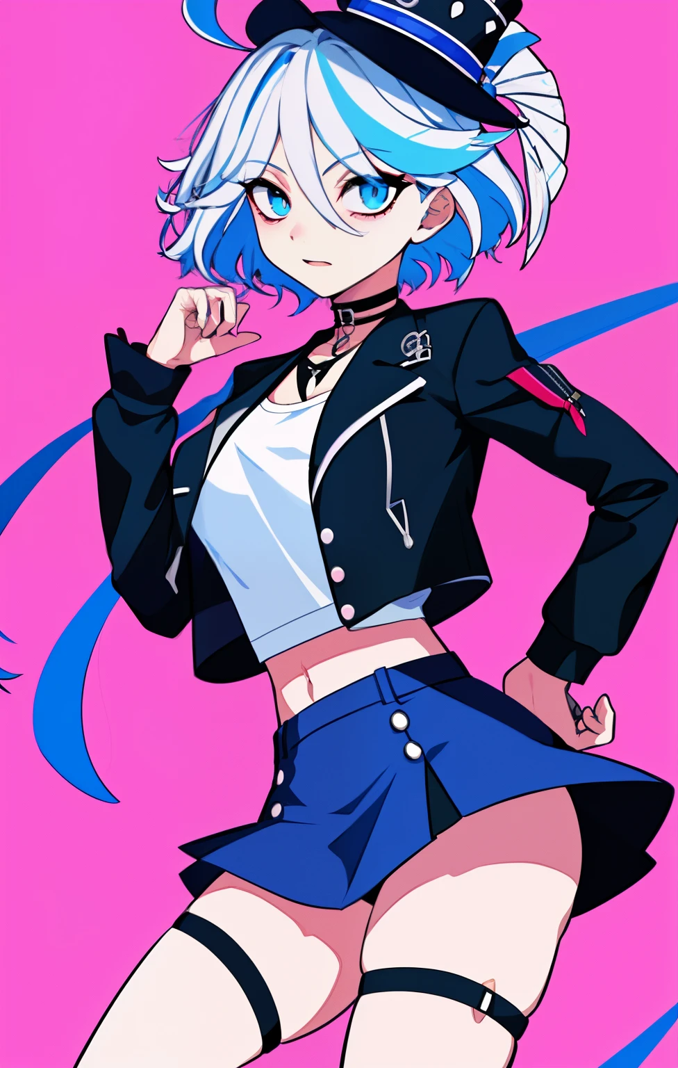 1girll， 独奏， a skirt， jaket， black black jacket， Pinkish background， blue  hair， simplebackground， choker necklace， leathers， long whitr hair， 耳Nipple Ring， jaqueta de couro， thigh band， O cabelo multicolorido， jewely， hand on hips， The shirt， Open jacket， midriff， cow boy shot， colored inner hair， By bangs， white  shirt， a black choker， mini-skirts， Purple skirt， Open your clothes， Purple eye， longer sleeves， nedium breasts， two tone color hair， looking at viewert， standing on your feet，closing the mouth，Pink hair，Hands up，crop tops，looking off to the side