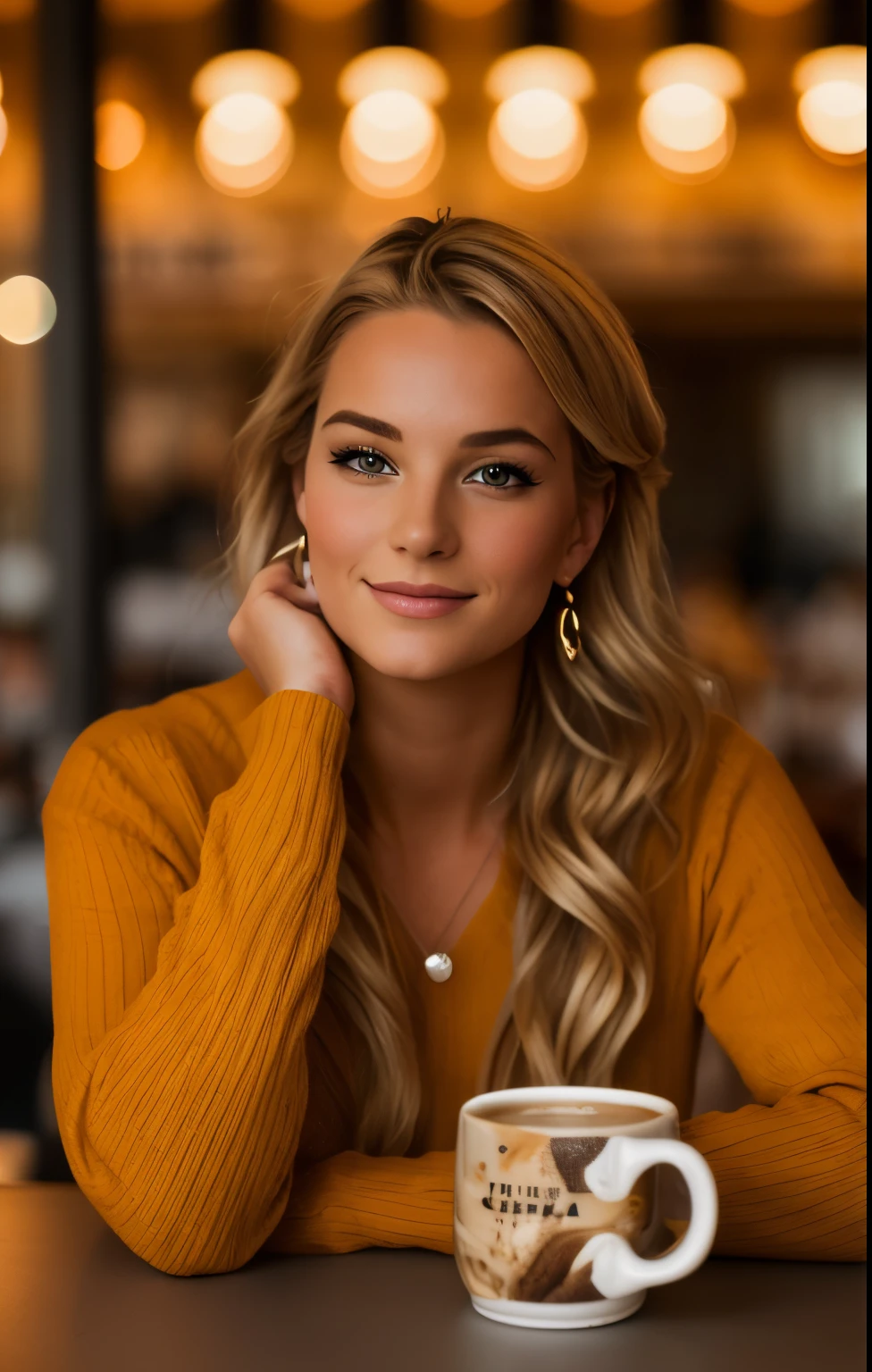 très belle fille blonde cheveux longs assise à une table avec une tasse de café, femme séduisante, photo d'une très belle fille buvant du café, Fille séduisante, portrait pris, très belle fille aux cheveux blonds Portrait 60mm, Dégustation d'un café dans un café, 7 0 mm portrait, Portrait mi-prise, assis dans un café, très belle fille aux cheveux blonds, photo de mode ultraréaliste