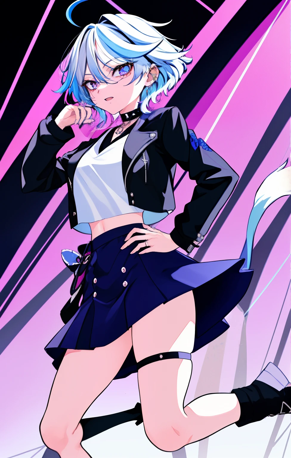 1girll， 独奏， a skirt， jaket， black black jacket， Pinkish background， blue  hair， simplebackground， choker necklace， leathers， long whitr hair， 耳Nipple Ring， jaqueta de couro， thigh band， O cabelo multicolorido， jewely， hand on hips， The shirt， Open jacket， midriff， cow boy shot， colored inner hair， By bangs， white  shirt， a black choker， mini-skirts， Purple skirt， Open your clothes， Purple eye， longer sleeves， nedium breasts， two tone color hair， looking at viewert， standing on your feet，closing the mouth，Pink hair，Hands up，crop tops，looking off to the side