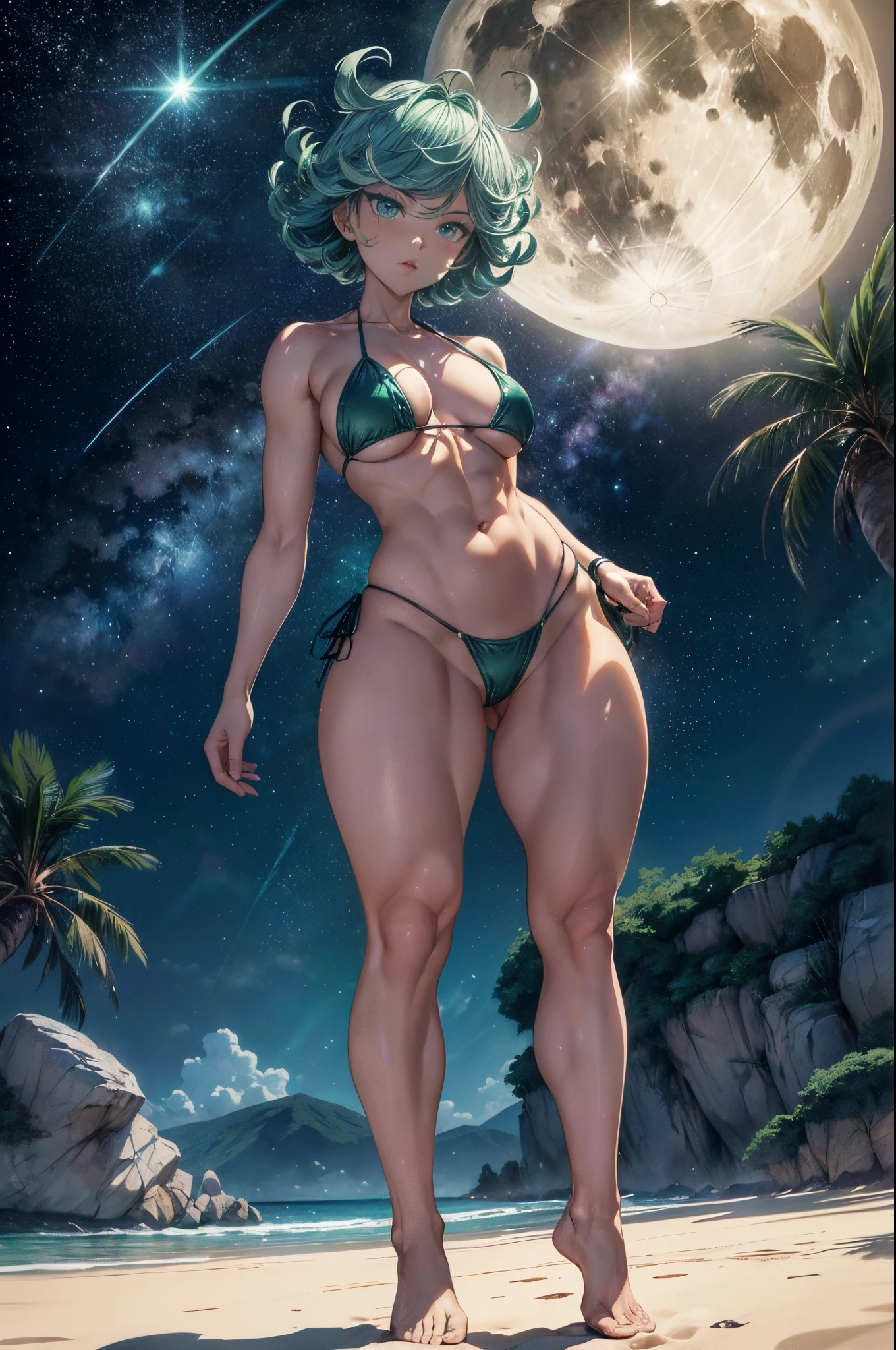 Tatsumaki de um homem de soco, cabelo verde curto, olhos verdes, peito pequeno, (((wearing bikini))), whole body view, (Standing on the beach at night with starry sky and full moon), (((pernas musculosas))), cintura fina, muscle in the stomach, bunda grande, (((foto de corpo inteiro))), barefoot, ((( Stepping on the camera))), (de mau humor), ( eye reflection, olhos brilhantes , olhos brilhantes, Emburrado, anime, minimalismo, estilo anime, ray tracing, Cinematic lighting, Cinematic lighting, brilho, brilho, Artefatos JPEG, luz brilhante, raios de deus, ray tracing, sombra projetada, panorama, Sony FE, from behind, de baixo, de baixo, UHD, master part, ccurate, ccurate, anatomicamente correto, Super Detalhe, alta qualidade, best quality, Altas, 16k