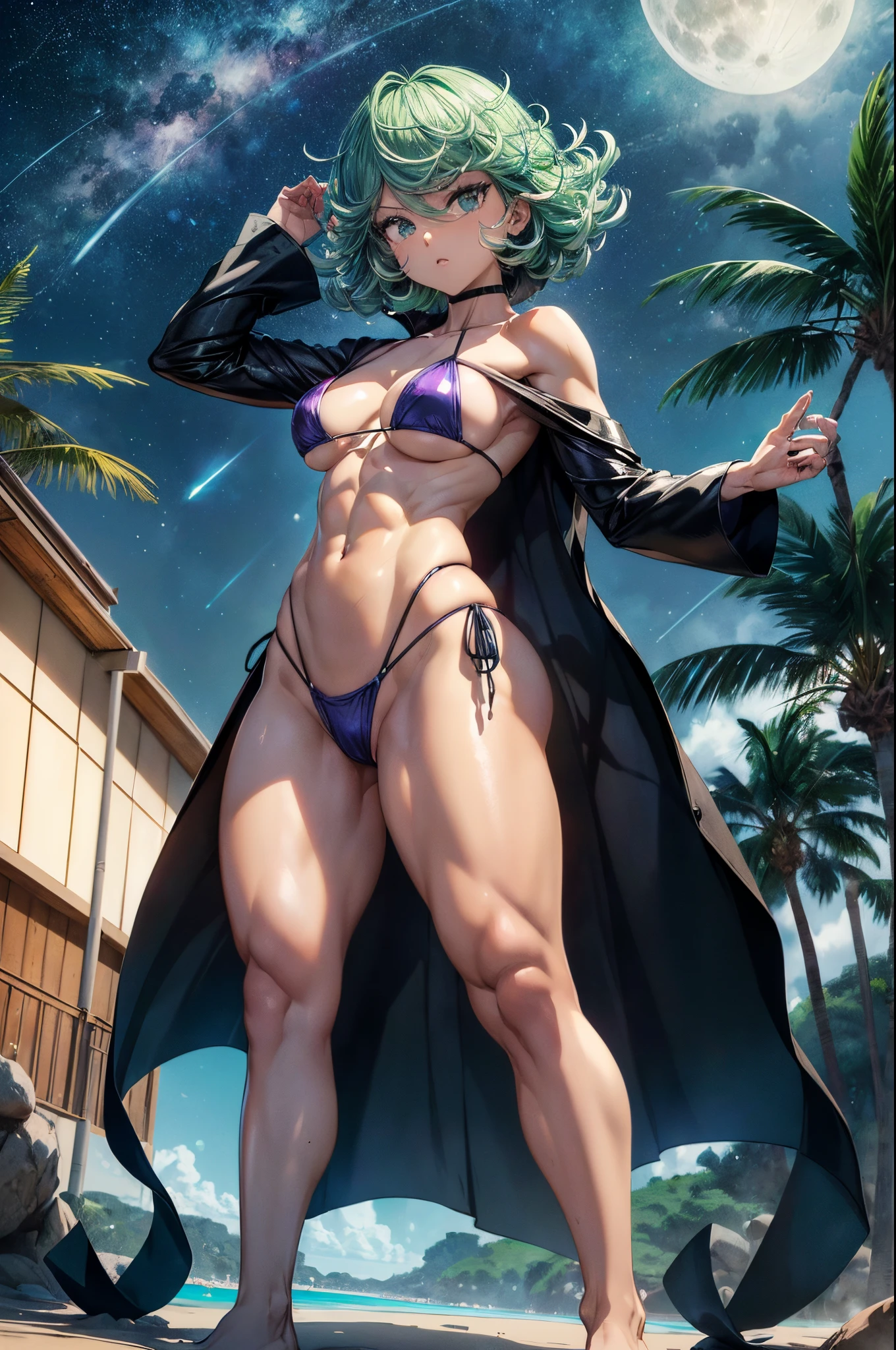 Tatsumaki de um homem de soco, cabelo verde curto, olhos verdes, peito pequeno, (((wearing bikini))), whole body view, (Standing on the beach at night with starry sky and full moon), (((pernas musculosas))), cintura fina, muscle in the stomach, bunda grande, (((foto de corpo inteiro))), barefoot, ((( Stepping on the camera))), (de mau humor), ( eye reflection, olhos brilhantes , olhos brilhantes, Emburrado, anime, minimalismo, estilo anime, ray tracing, Cinematic lighting, Cinematic lighting, brilho, brilho, Artefatos JPEG, luz brilhante, raios de deus, ray tracing, sombra projetada, panorama, Sony FE, from behind, de baixo, de baixo, UHD, master part, ccurate, ccurate, anatomicamente correto, Super Detalhe, alta qualidade, best quality, Altas, 16k