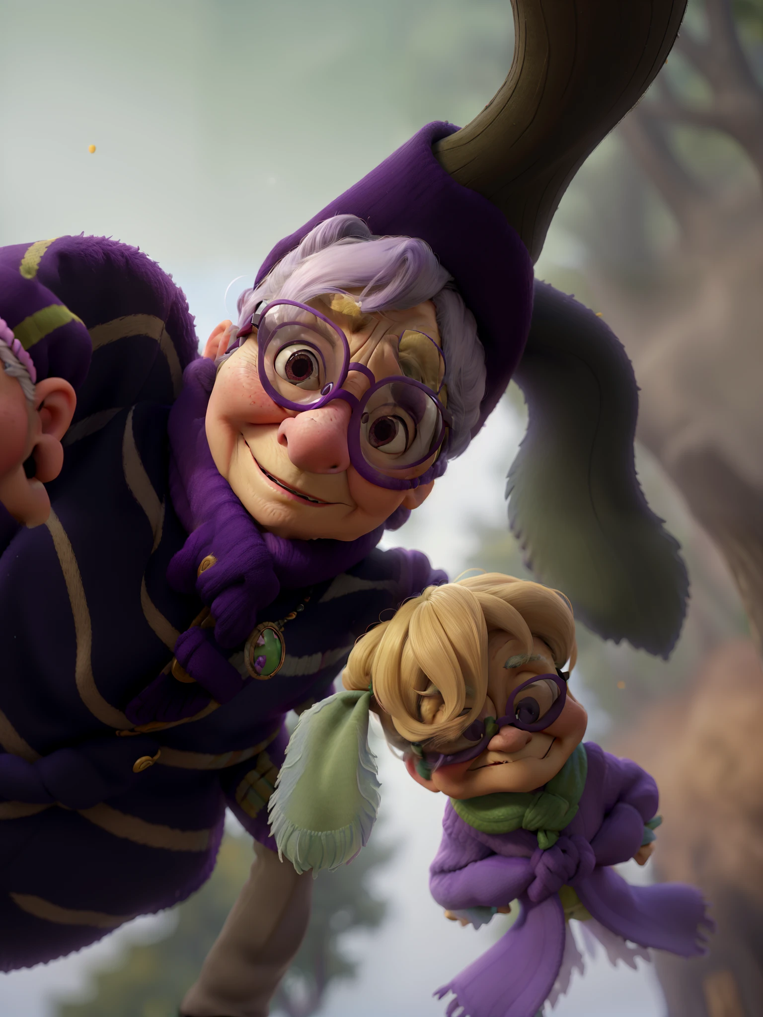An elderly woman with glasses and scarf, wearing a purple coat and green scarf, standing in the park, (best quality, highres, masterpiece:1.2), ultra-detailed, realistic, vivid colors, fine brushwork, soft lighting, autumn color palette, portraits.