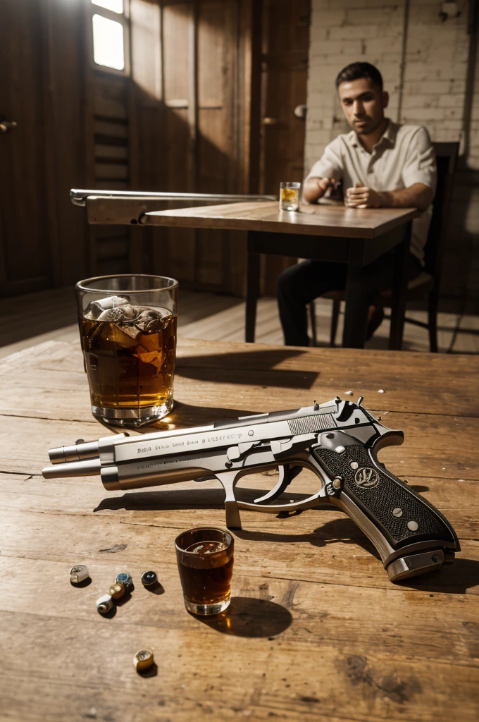 beretta 92fs, revys_cutlass, on table, slide_back, slide_locked_back, deck of playing cards, ash tray, glass of whiskey