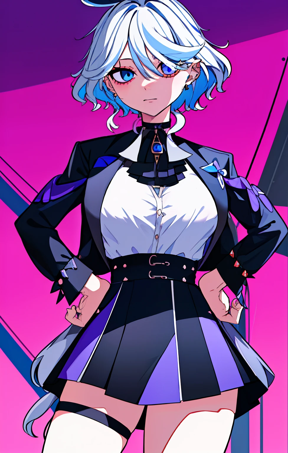 1个Giant Breast Girl， 独奏， a skirt， jaket， black black jacket， Pinkish background， Blue hair， simplebackground， choker necklace， Leather， Long gray hair， ear nipple ring， jaqueta de couro， thigh band， Colorful hair， jewely， hand on hips， The shirt， Open jacket， diaphragm， cow boy shooting， Colored inner hair， through bangs， white  shirt， Black collar， mini-skirts， Purple skirt， Open your clothes， purpleeyes， longer sleeves， mediuml breasts， Two shades of hair， looking at viewert， The stands up，Shut your mouth，with pink hair，Raise Hand，short crop top，Look to the side