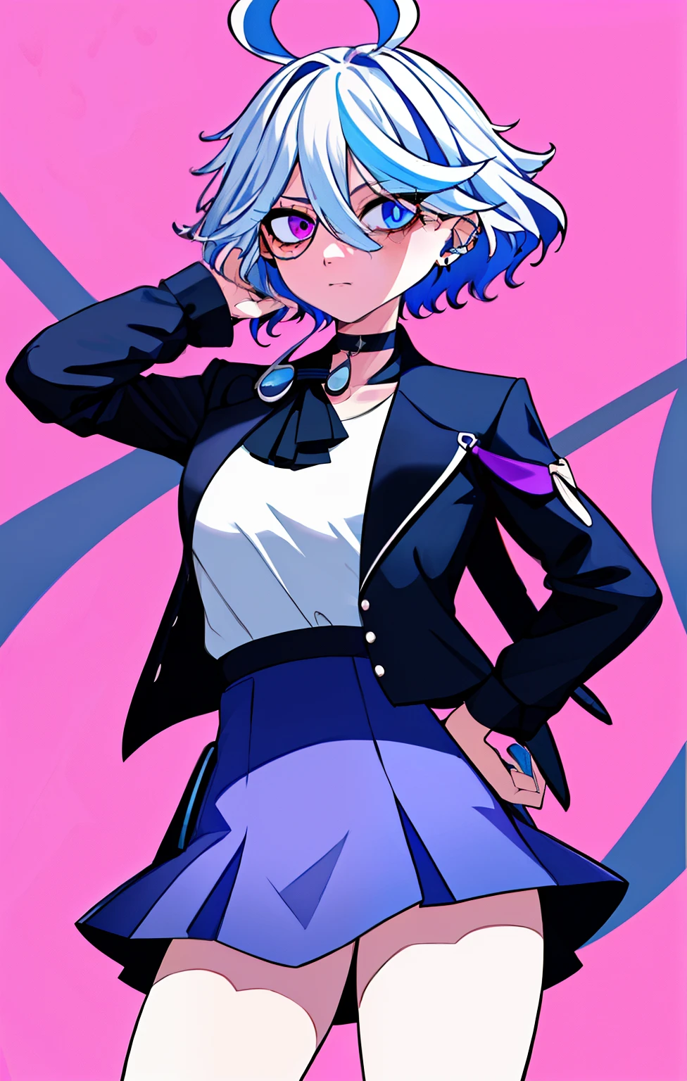 1个Giant Breast Girl， 独奏， a skirt， jaket， black black jacket， Pinkish background， Blue hair， simplebackground， choker necklace， Leather， Long gray hair， ear nipple ring， jaqueta de couro， thigh band， Colorful hair， jewely， hand on hips， The shirt， Open jacket， diaphragm， cow boy shooting， Colored inner hair， through bangs， white  shirt， Black collar， mini-skirts， Purple skirt， Open your clothes， purpleeyes， longer sleeves， mediuml breasts， Two shades of hair， looking at viewert， The stands up，Shut your mouth，with pink hair，Raise Hand，short crop top，Look to the side