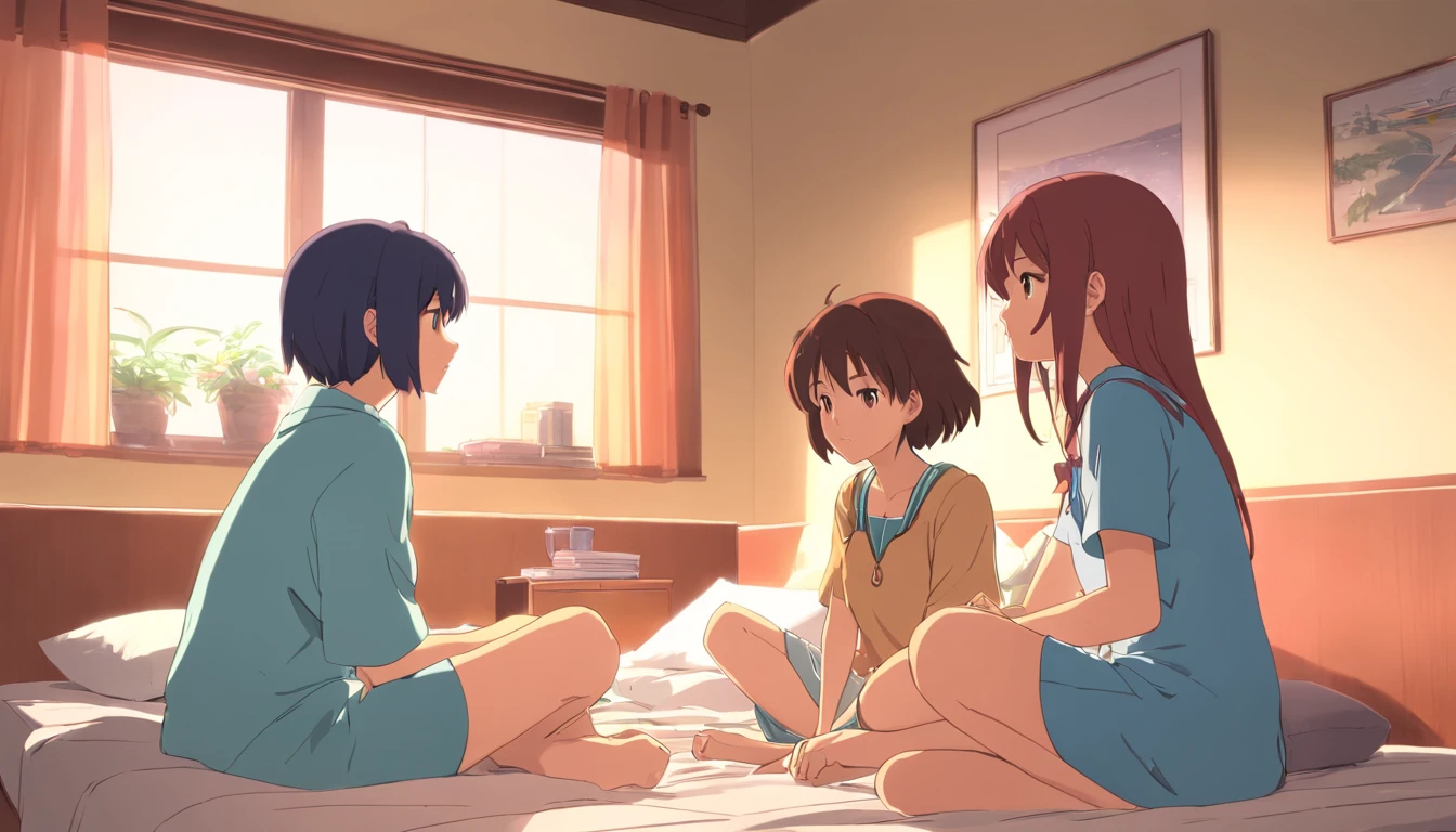 Absurd resolution, high resolution, (masterpiece: 1.4), super detailed, (((detailed face, detailed expression)), two girls, girl and girl, friends, best friends, classmates, relaxing, ponytail, bob, sitting on bed, sitting on the floor, two people conversing, background in room, friends, best friend, home, 1K, small room, curtains, bed, TV, desk, room wear, kyoto animation, The atmosphere of Kyoto Animation, (tearful)