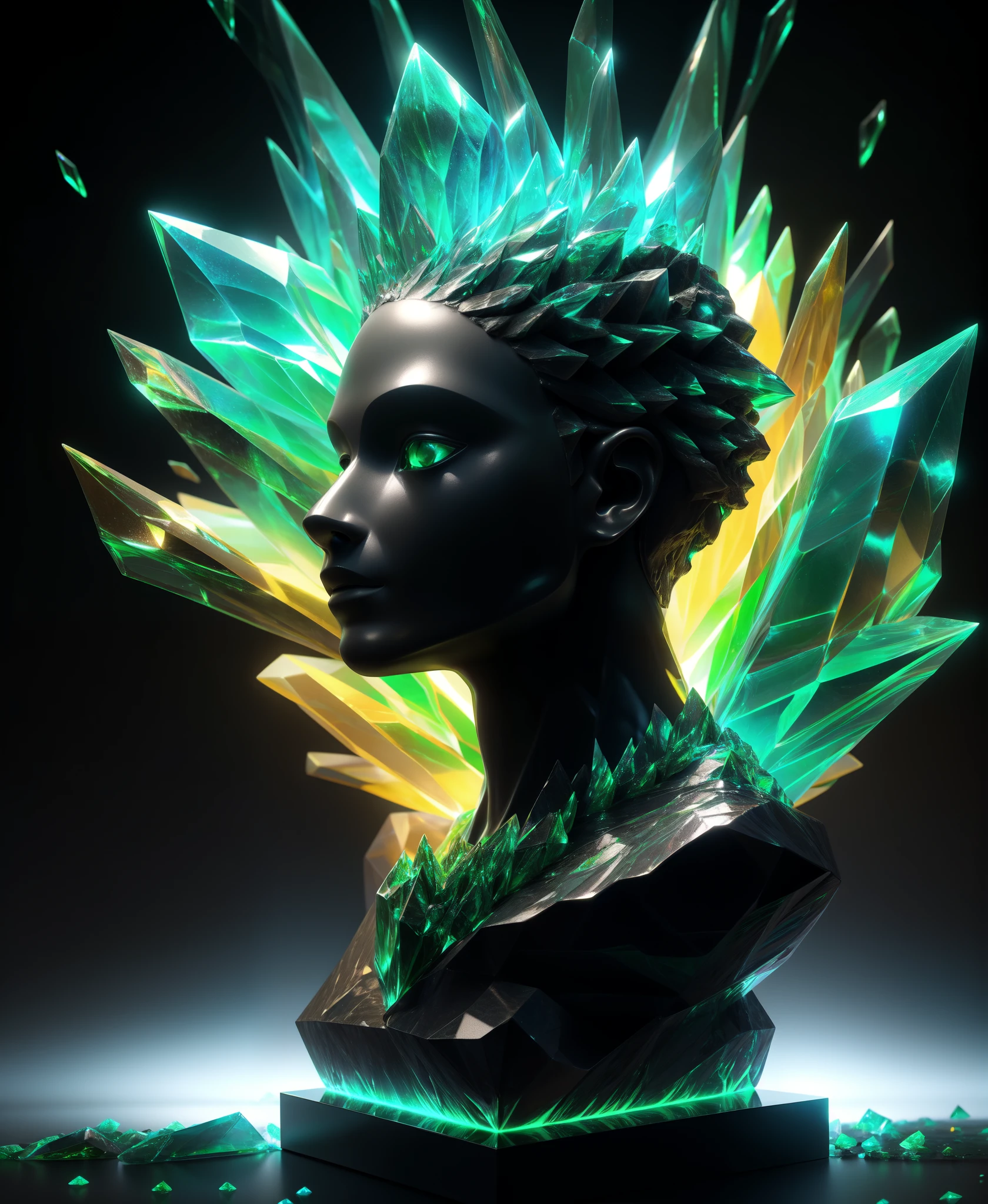 Ultra detailed shot of a dark sculpture made out of emerald obsidian and dark matter, incredible sculpture of a unique creature, 3D render, translucent skin with subsurface scatter, endlessly fractal, aura melting dimension, light reflection on crystal of the sculpture, art by Mschiffer, human shape, genderless