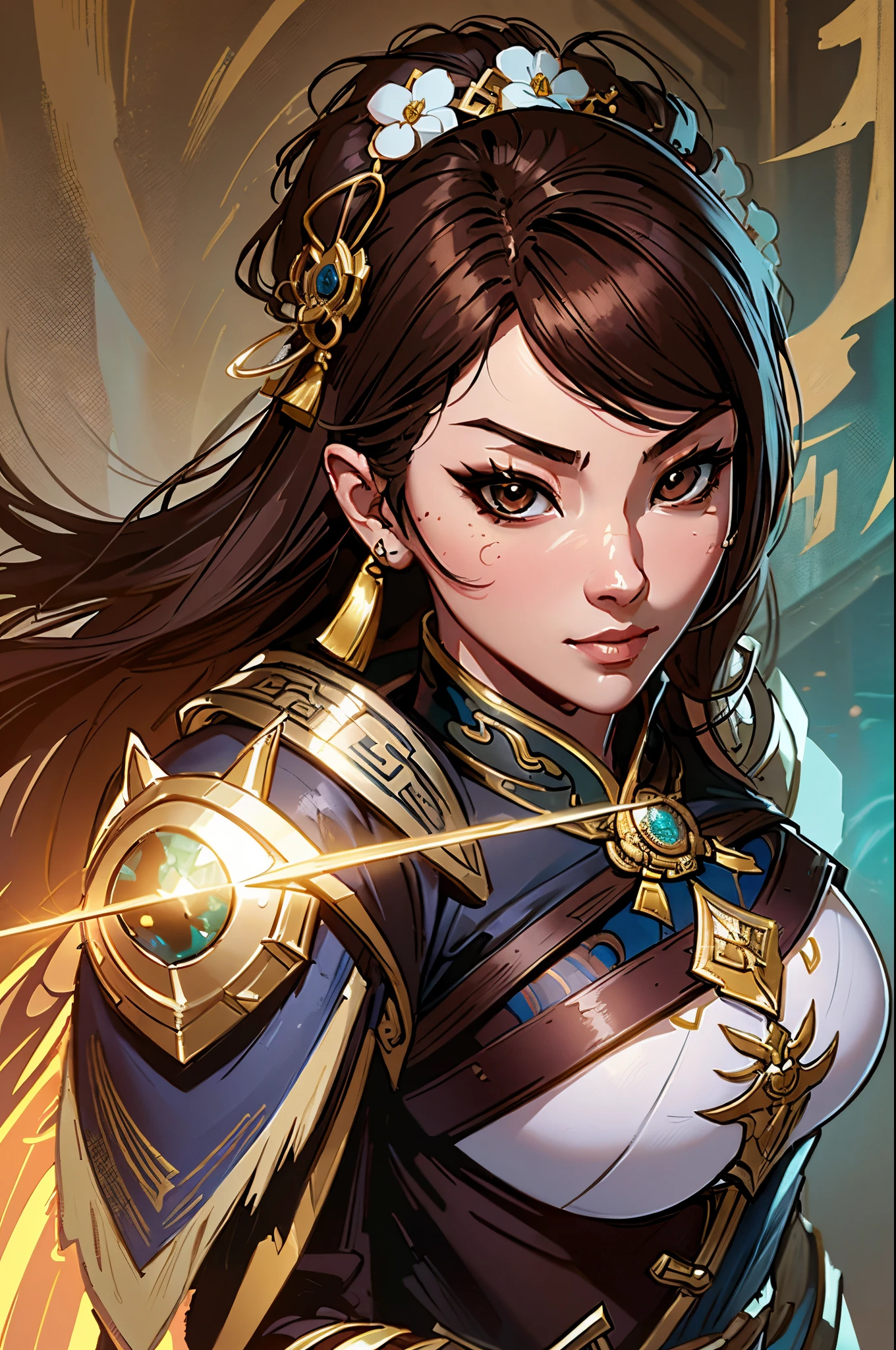 a close up of a short asian woman in her 30's, with brown eyes and brown hair, wearing a black and blue robed clothes, a heroine with brown eyes, holding a sword, mage with water magic, standing in an asian city, new costume concept design, in the style of blade and soul, full body character concept, detailed character design, inspired by Yang Jin, inspired by Li Mei-Shu, chinese costume, inspired by Lan Ying, inspired by Sim Sa-Jeong, inspired by Li Tang, lunar themed attire, costume with gold accents, inspired by Ju Lian, colored concept art, highly detailed character design, highly detailed face, inspired by Ai Xuan, very highly detailed face, unreal engine render, final fantasy 14 style, inspired by Leng Mei