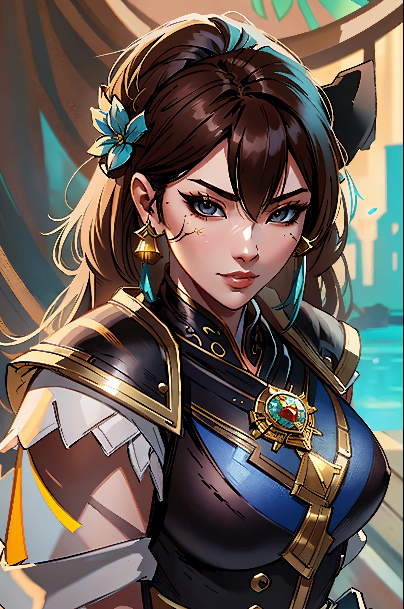 a close up of a short asian woman in her 30's, with brown eyes and brown hair, wearing a black and blue robed clothes, a heroine with brown eyes, holding a sword, mage with water magic, standing in an asian city, new costume concept design, in the style of blade and soul, full body character concept, detailed character design, inspired by Yang Jin, inspired by Li Mei-Shu, chinese costume, inspired by Lan Ying, inspired by Sim Sa-Jeong, inspired by Li Tang, lunar themed attire, costume with gold accents, inspired by Ju Lian, colored concept art, highly detailed character design, highly detailed face, inspired by Ai Xuan, very highly detailed face, unreal engine render, final fantasy 14 style, inspired by Leng Mei