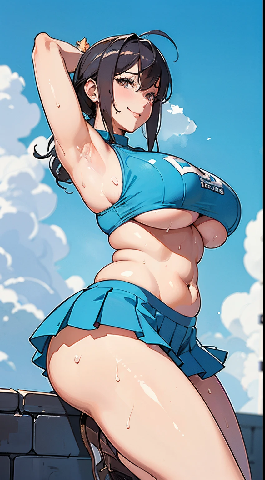 high quality, masterpiece, (photographrealistic:1.4), 8K, big chest, oppai proportions, Photorealistic, perfect body, Realistic lady, (huge breasts:1.3), Voluptuous body, curvy body, Naughty anime style, plump, Erotic cartoon style body, big ass, sexy of a married woman, Married woman atmosphere, mamma size, gigantic breasts, colossal breasts, (abdominals:1.4), doroppy breasts, 37-year-old, Thighs with developed muscles, excited look, sexy, in park, wet body, (Covered with sweat:1.3), standing, ((smile)), lean back, arms up, ((Looks embarrassing)), wear white cheerleading uniform, micro skirt,