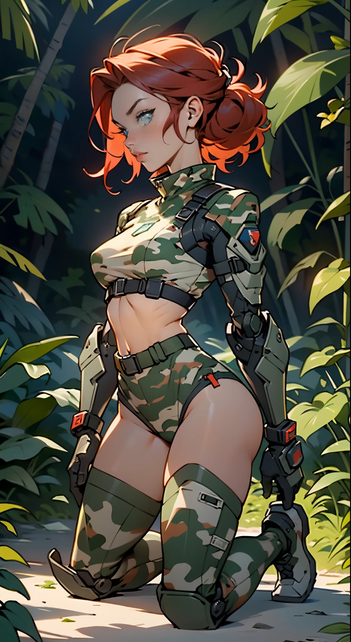 1woman 20 years old, max resolution, sculpted, military, wearing a soldier helmet, beautiful, perfect body, red hair, blue eyes, perfect body, thin waist, wide hips, large breasts, slim thighs, jungle background, armored vehicle, military robot dog, camouflaged uniform, tight panties, camo, two-piece, highly detailed, high resolution, perfect hands, side view, camo, face fully turned to the side to look at the viewer, turn her head to look at the viewer, genuflection kneeling, one knee on ground, one knee up, bare shoulders