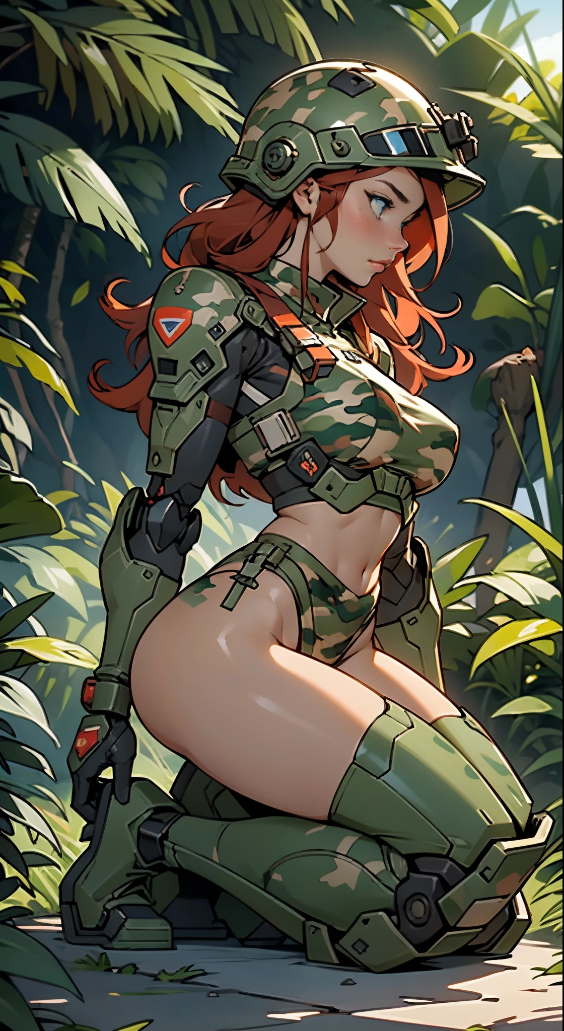 1woman 20 years old, max resolution, sculpted, military, wearing a soldier helmet, beautiful, perfect body, red hair, blue eyes, perfect body, thin waist, wide hips, large breasts, slim thighs, jungle background, armored vehicle, military robot dog, camouflaged uniform, tight panties, two-piece, highly detailed, high resolution, perfect hands, side view, camo, face fully turned to the side to look at the viewer, turn her head to look at the viewer, genuflection kneeling, one knee on ground, one knee up