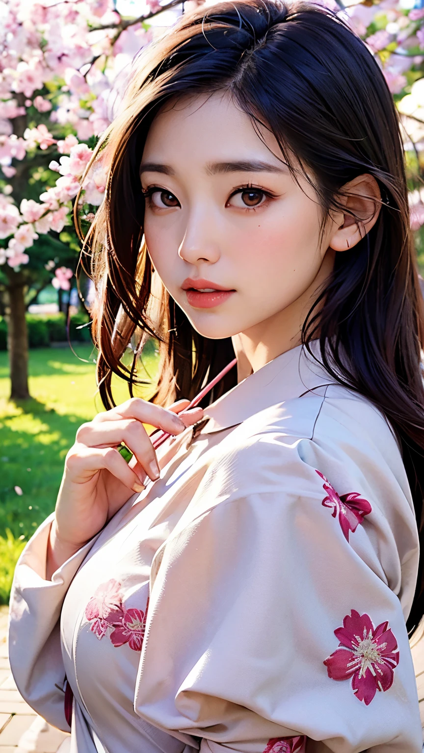 (A logo、masterpiece、8K、masutepiece、Raw photo、Fantastic、Best Quality、Photorealistic、extremely detailed CG unified 8k wallpaper、hightquality、ighly detailed、epic poem、Particle effect、Dynamic effects、depth of fields、Cinematic Light、Lens Flare、Ray tracing)、Fantasia、 (Beauty 1 person、White Japanese Clothing、Japanese dress、White cherry blossom pattern、White cherry blossom embroidery pattern、A dark-haired、Beautiful face、Real Face、Beautiful detail eyes、Beautiful skin)、Hair flutters in the wind、Hair jumps、Pink cherry blossom tree、Petals flutter、Sakura blizzard、Superb view、morning glow、Sun in the background、the wind、Deities、tusk、myth、Vast Land、