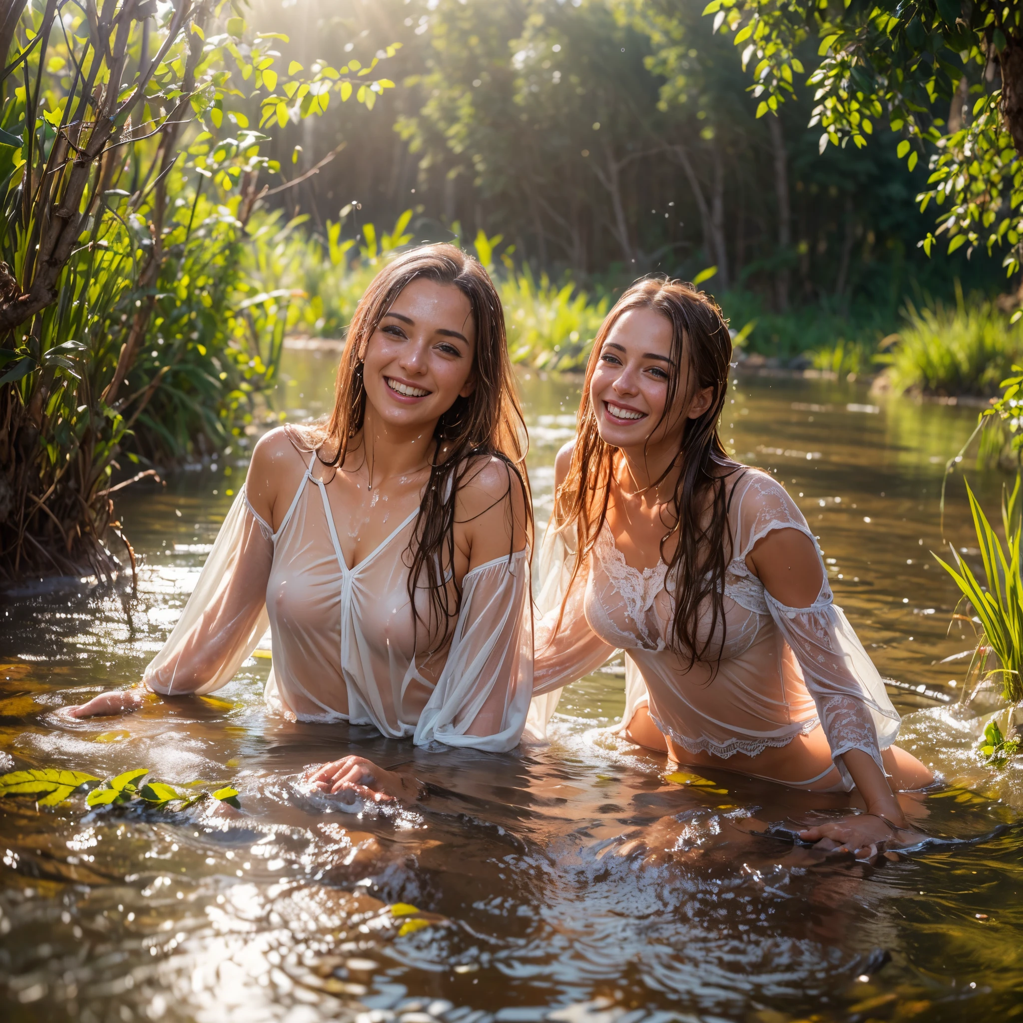 (masterpiece, 8k, best quality:1.2), in the stream, outdoor, 2 girls, 27 yo swedish women, smile, lace teddy, chemise, wet clothes, soaked, wet hair, wet skin, translucent, glistening with oil, drenched, bright sunshine, see through, playful, varied poses