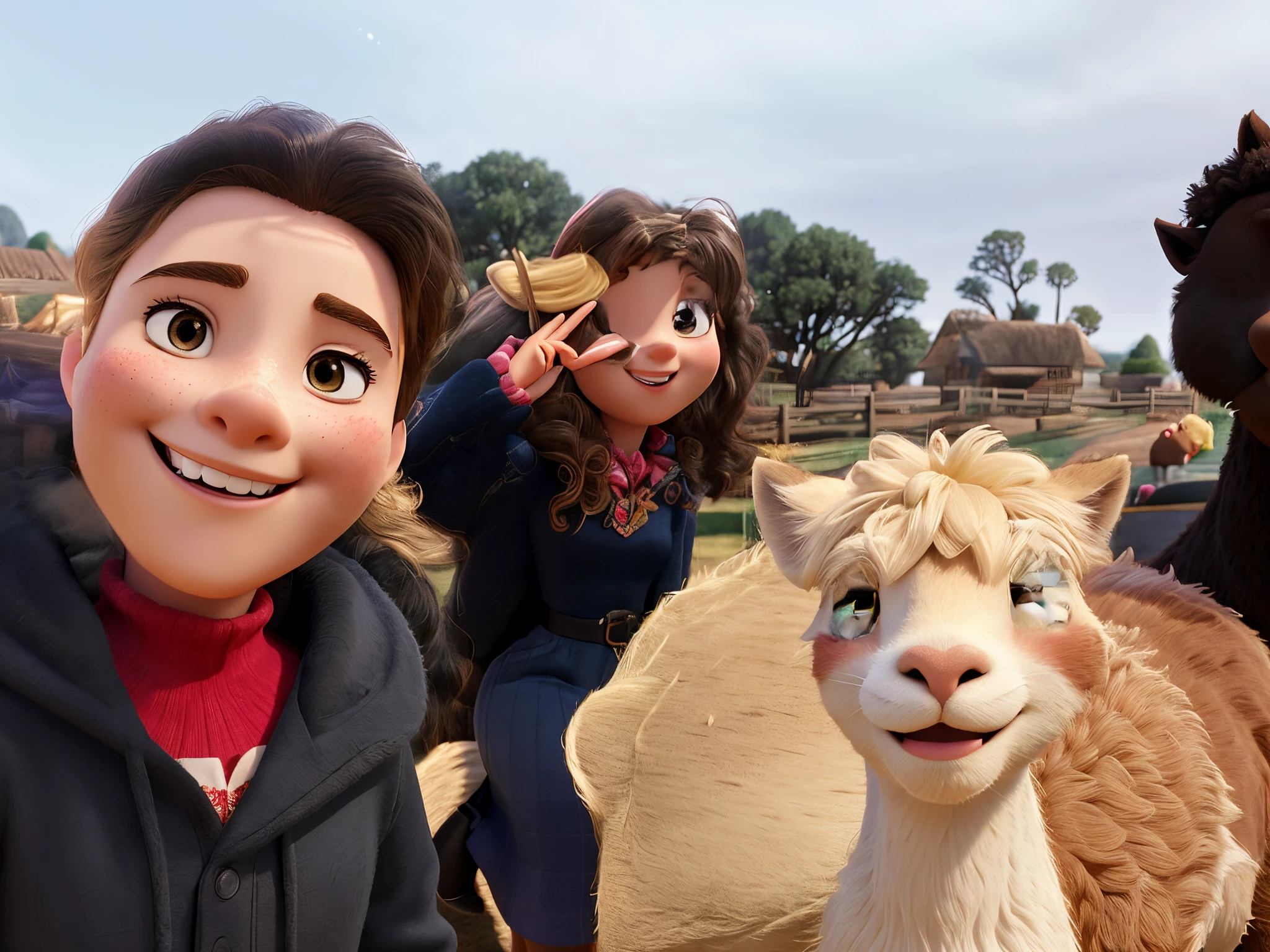 Disney Pixar 3D cartoon, a young lady and young man in Alpaca farm, natural skin texture, 4k textures, highly detailed, sharp focus, both smile and look happy