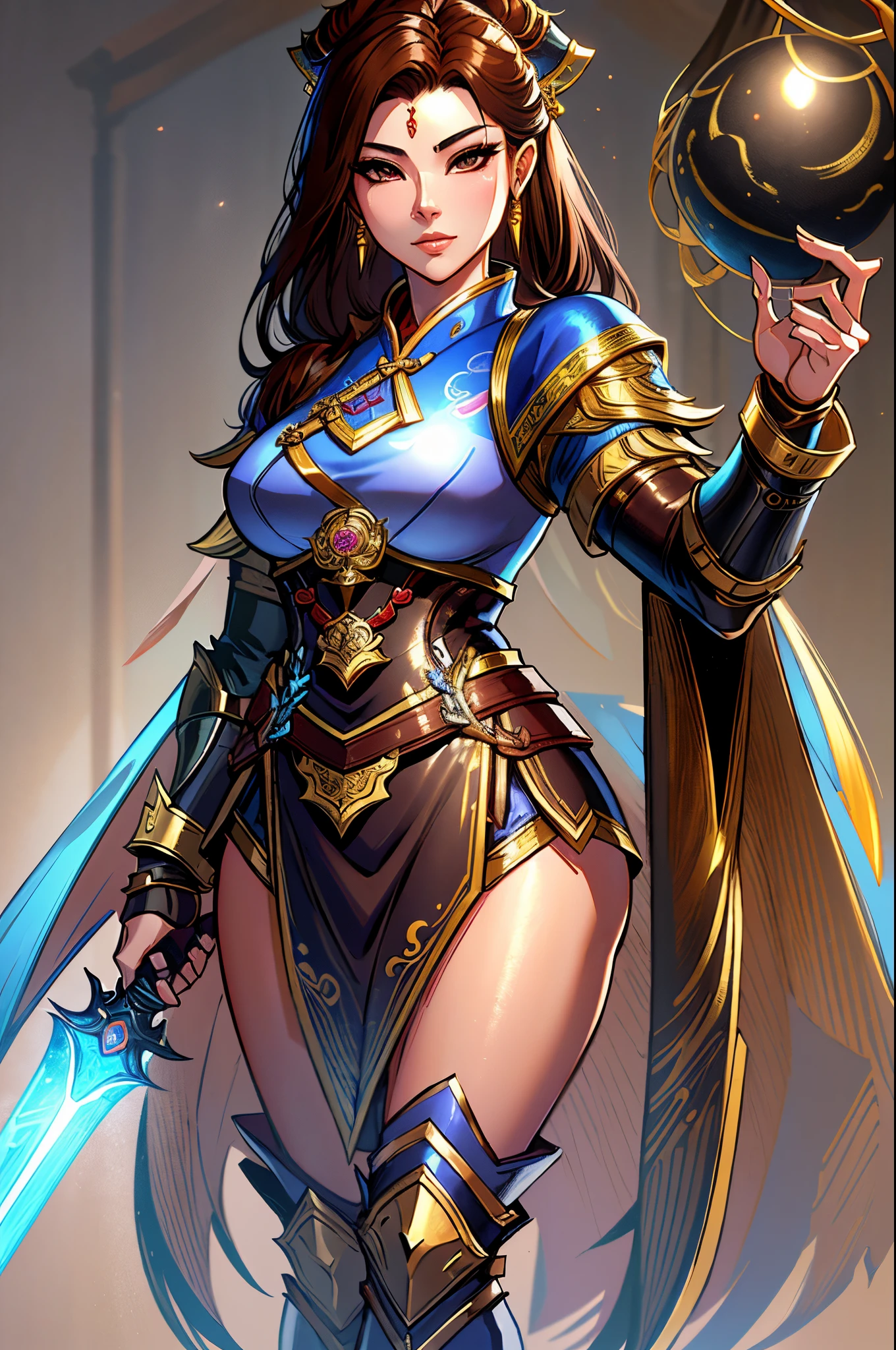 a close up of a short asian woman in her 30's, with brown eyes and brown hair, wearing a black and blue robed clothes, a heroine with brown eyes, holding a sword, mage with water magic, standing in an asian city, new costume concept design, in the style of blade and soul, full body character concept, detailed character design, inspired by Yang Jin, inspired by Li Mei-Shu, chinese costume, inspired by Lan Ying, inspired by Sim Sa-Jeong, inspired by Li Tang, lunar themed attire, costume with gold accents, inspired by Ju Lian, colored concept art, highly detailed character design, highly detailed face, inspired by Ai Xuan, very highly detailed face, unreal engine render, final fantasy 14 style, inspired by Leng Mei