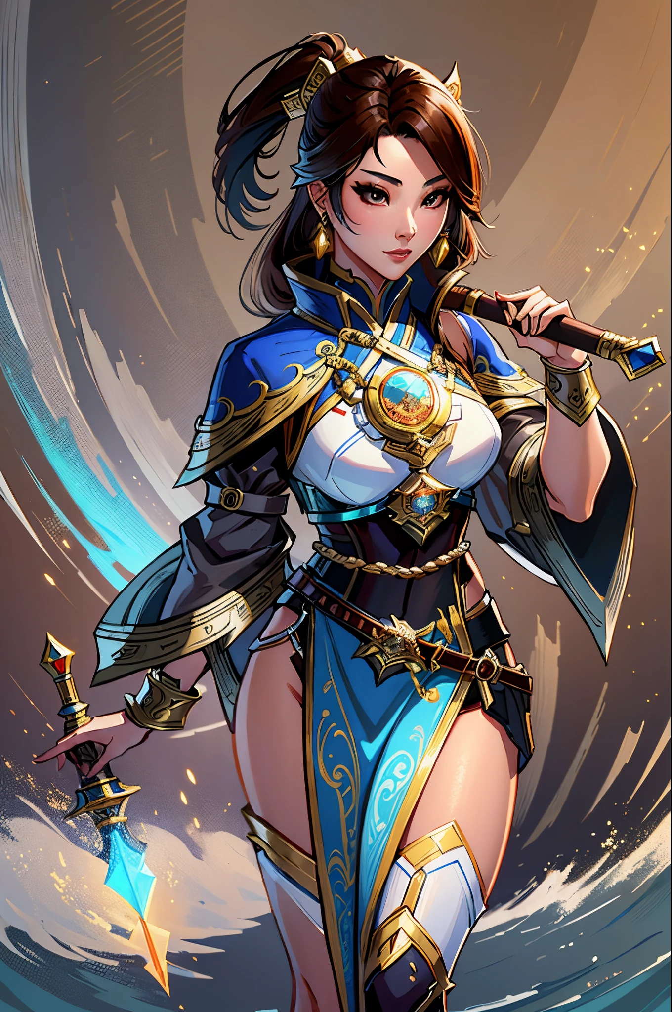 a close up of a short asian woman in her 30's, with brown eyes and brown hair, wearing a black and blue robed clothes, a heroine with brown eyes, holding a sword, mage with water magic, standing in an asian city, new costume concept design, in the style of blade and soul, full body character concept, detailed character design, inspired by Yang Jin, inspired by Li Mei-Shu, chinese costume, inspired by Lan Ying, inspired by Sim Sa-Jeong, inspired by Li Tang, lunar themed attire, costume with gold accents, inspired by Ju Lian, colored concept art, highly detailed character design, highly detailed face, inspired by Ai Xuan, very highly detailed face, unreal engine render, final fantasy 14 style, inspired by Leng Mei