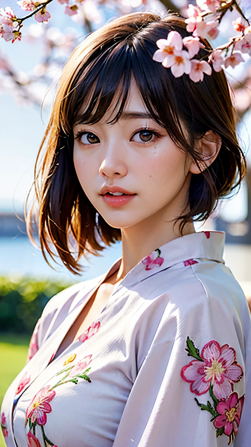 (A logo、​masterpiece、8K、masutepiece、Raw photo、Fantastic、Best Quality、Photorealistic、extremely detailed CG unified 8k wallpaper、hightquality、ighly detailed、epic poem、Particle effect、Dynamic effects、depth of fields、Cinematic Light、Lens Flare、Ray tracing)、Fantasia、 (Beauty 1 person、White Japanese Clothing、Japanese dress、White cherry blossom pattern、White cherry blossom embroidery pattern、A dark-haired、Beautiful face、Real Face、Beautiful detail eyes、Beautiful skin)、Hair flutters in the wind、Hair jumps、Pink cherry blossom tree、Petals flutter、Sakura blizzard、Superb view、morning glow、Sun in the background、the wind、Deities、tusk、myth、Vast Land、