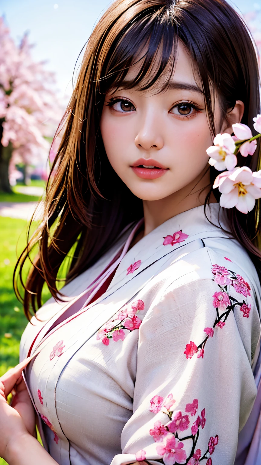(A logo、​masterpiece、8K、masutepiece、Raw photo、Fantastic、Best Quality、Photorealistic、extremely detailed CG unified 8k wallpaper、hightquality、ighly detailed、epic poem、Particle effect、Dynamic effects、depth of fields、Cinematic Light、Lens Flare、Ray tracing)、Fantasia、 (Beauty 1 person、White Japanese Clothing、Japanese dress、White cherry blossom pattern、White cherry blossom embroidery pattern、A dark-haired、Beautiful face、Real Face、Beautiful detail eyes、Beautiful skin)、Hair flutters in the wind、Hair jumps、Pink cherry blossom tree、Petals flutter、Sakura blizzard、Superb view、morning glow、Sun in the background、the wind、Deities、tusk、myth、Vast Land、