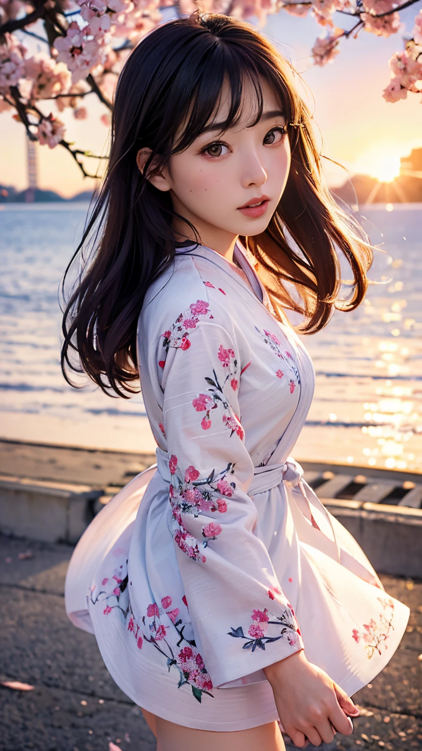 (A logo、​masterpiece、8K、masutepiece、Raw photo、Fantastic、Best Quality、Photorealistic、extremely detailed CG unified 8k wallpaper、hightquality、ighly detailed、epic poem、Particle effect、Dynamic effects、depth of fields、Cinematic Light、Lens Flare、Ray tracing)、Fantasia、 (Beauty 1 person、White Japanese Clothing、Japanese dress、White cherry blossom pattern、White cherry blossom embroidery pattern、A dark-haired、Beautiful face、Real Face、Beautiful detail eyes、Beautiful skin)、Hair flutters in the wind、Hair jumps、Pink cherry blossom tree、Petals flutter、Sakura blizzard、Superb view、morning glow、Sun in the background、the wind、Deities、tusk、myth、Vast Land、