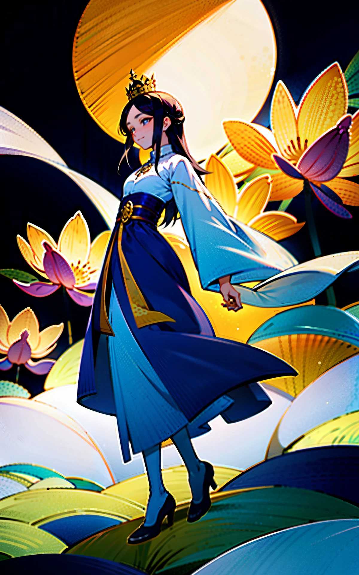 I apologize for any confusion. Here is a description of the painting of Au Co in English:
In the painting, Au Co is depicted standing on a high mountain, with her feet touching the ground, creating a sense of stability and strength. She has long flowing hair that dances in the air, as if she is entranced by the melody of nature.
Au Co is wearing a traditional Vietnamese ao dai with delicate patterns and designs, representing the grace and traditional beauty of Vietnamese women. The color of the ao dai can vary, depending on the artist's creativity.
On Au Co's head, there is a crown of lotus flowers, symbolizing her nobility and purity. The crown can be painted with gold or silver to enhance its majestic appearance.
Au Co gazes into the distance with eyes full of wisdom and knowledge. Her eyes can be painted bright and clear to honor her intelligence.
Surrounding Au Co, there are blooming lotus flowers and lush green grass, symbolizing life and the prosperity of the country. The lotus flowers can be painted with vibrant colors, bringing freshness and joy to the painting.
I hope this description helps you convey your idea to the artist and create a beautiful painting of Au Co according to your vision.