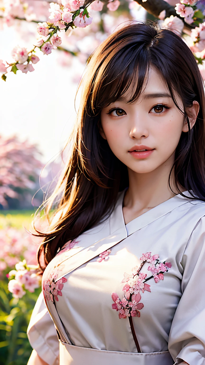(A logo、​masterpiece、8K、masutepiece、Raw photo、Fantastic、Best Quality、Photorealistic、extremely detailed CG unified 8k wallpaper、hightquality、ighly detailed、epic poem、Particle effect、Dynamic effects、depth of fields、Cinematic Light、Lens Flare、Ray tracing)、Fantasia、 (Beauty 1 person、White Japanese Clothing、Japanese dress、White cherry blossom pattern、White cherry blossom embroidery pattern、A dark-haired、Beautiful face、Real Face、Beautiful detail eyes、Beautiful skin)、Hair flutters in the wind、Hair jumps、Pink cherry blossom tree、Petals flutter、Sakura blizzard、Superb view、morning glow、Sun in the background、the wind、Deities、tusk、myth、Vast Land、