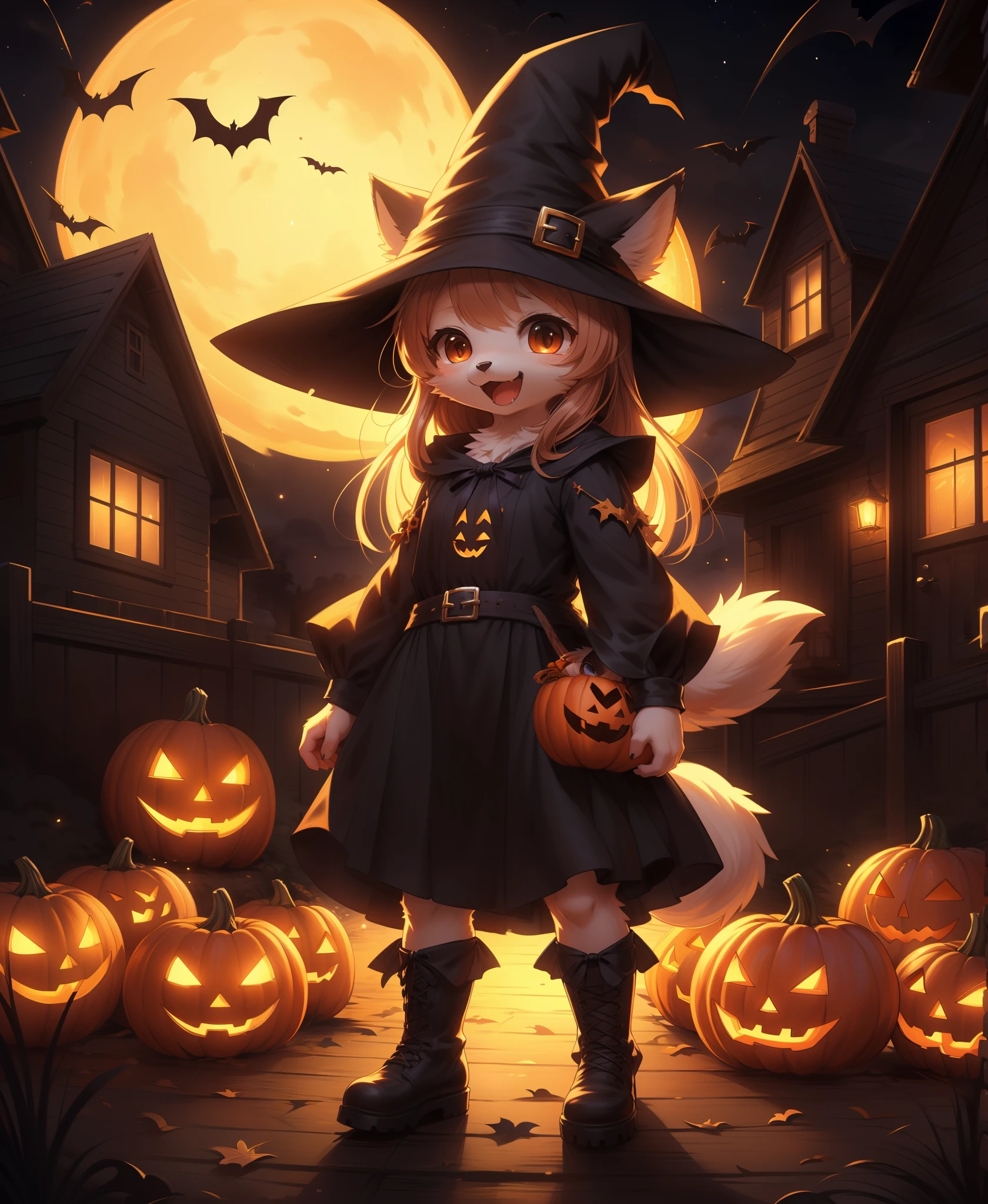 1girl, solo, witch hat, halloween, halloween theme, jack o lantern, , :D, candy bag, standing, in front of a house, full body, night, boots, (best quality, masterpiece, illustration, ultra-detailed:1.3), (uploaded on e621, furry, anthro, kemono:1.3),