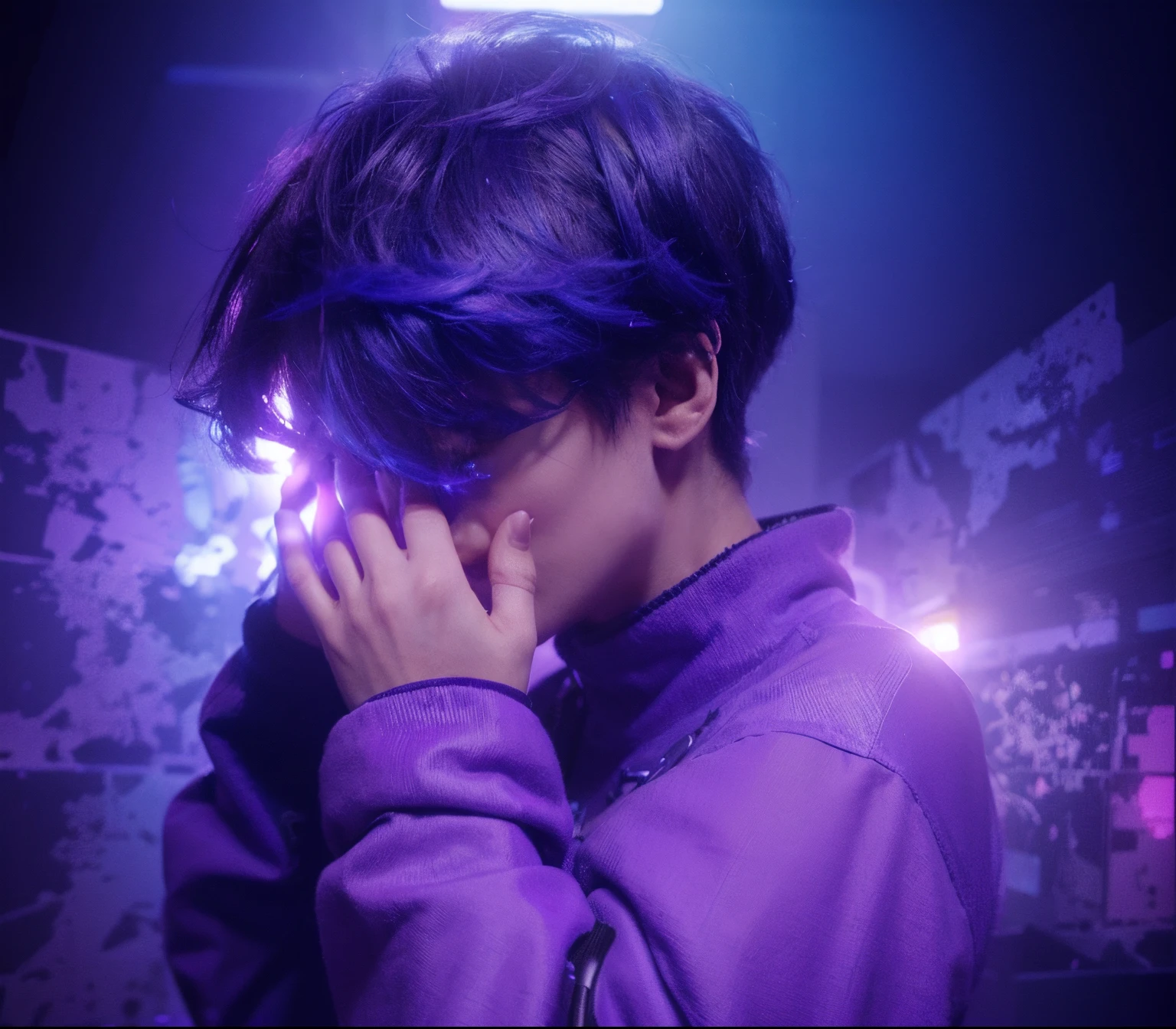 ultra realistic 8k image of a 20 year old male youtuber, hair dyed purple, expression of nausea, kneeling, dressed in a green blouse, vomiting in a night room, night