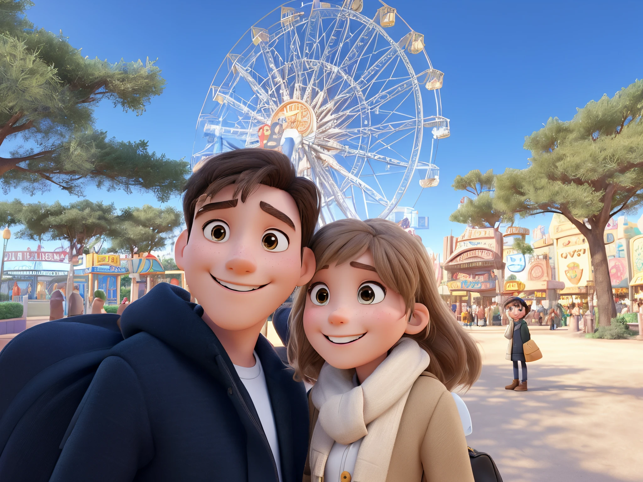 Disney Pixar 3D cartoon, a young lady and young man in an amusement park, girl is wearing a beige scarf and a beige coat and a black backpack, the man is wearing a black coat and white shirt, they’re standing very close to each other and both smiling , natural skin texture, 4k textures, highly detailed, sharp focus, both smile and look happy