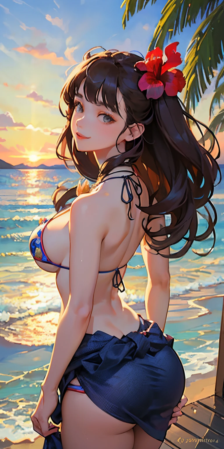 The sunset is beautiful、 girl with a realistic smile、Sit with your back facing the chair with your chest slightly spread out..、wearing a big bikini on the butt、(Super close-up looking up from below、Smile、facing back、Super close-up shot of the butt.、Slightly thicker emphasis on the thighs、She is wearing a micro bikini with a floral pattern on her chest........................、Emphasis on cleavage、sexy brown skin tone、Tahitian dancer、dance tahitian dance、pareo(wear a skirt around the waist)、seashell necklace around neck、hibiscus ornament in hair、Sexy Posing、Tropical Beach