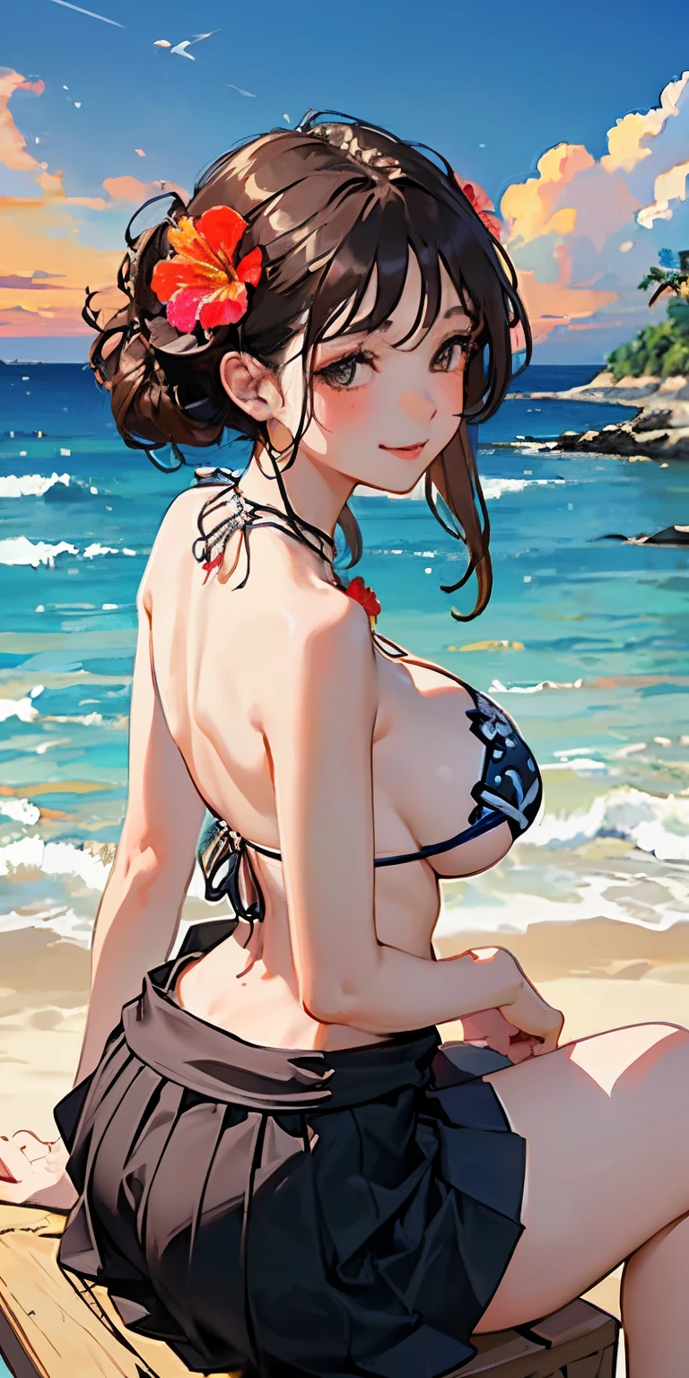 The sunset is beautiful、16 year old girl with a realistic smile、Sit with your back facing the chair with your chest slightly spread out..、wearing a big bikini on the butt、(Super close-up looking up from below、Smile、facing back、Super close-up shot of the butt.、Slightly thicker emphasis on the thighs、She is wearing a micro bikini with a floral pattern on her chest........................、Emphasis on cleavage、sexy brown skin tone、Tahitian dancer、dance tahitian dance、pareo(wear a skirt around the waist)、seashell necklace around neck、hibiscus ornament in hair、Sexy Posing、Tropical Beach