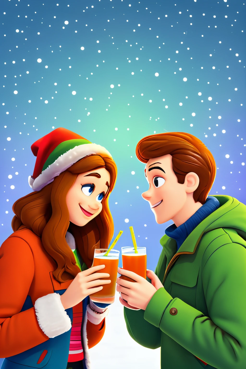 ein junger Mann mit schwarzen Haaren und braunen Augen und einem spalt in der Augenbraue ,in a winter jacket next to a young woman with brown hair and blue-green eyes in a winter jacket. Both sip eggnog through straws. im hintergrund sind weihnachtslichter .als Disney pixar Figur