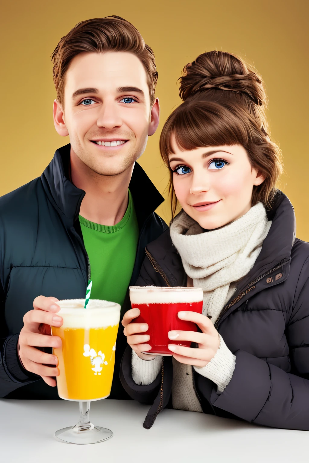 ein junger Mann mit schwarzen Haaren und braunen Augen und einem spalt in der  Augenbraue ,in a winter jacket next to a young woman with brown hair and blue-green eyes in a winter jacket. Both sip eggnog through straws. im hintergrund sind weihnachtslichter .als Disney pixar Figur