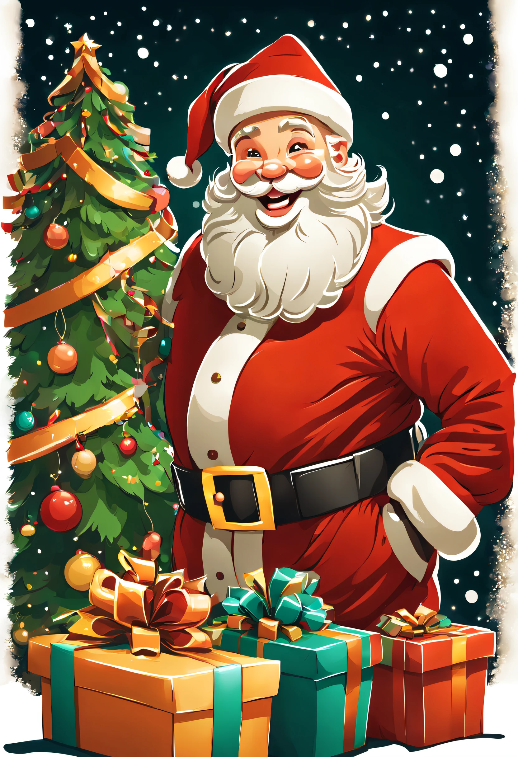 cartoon style, santa claus smiling and giving presents
