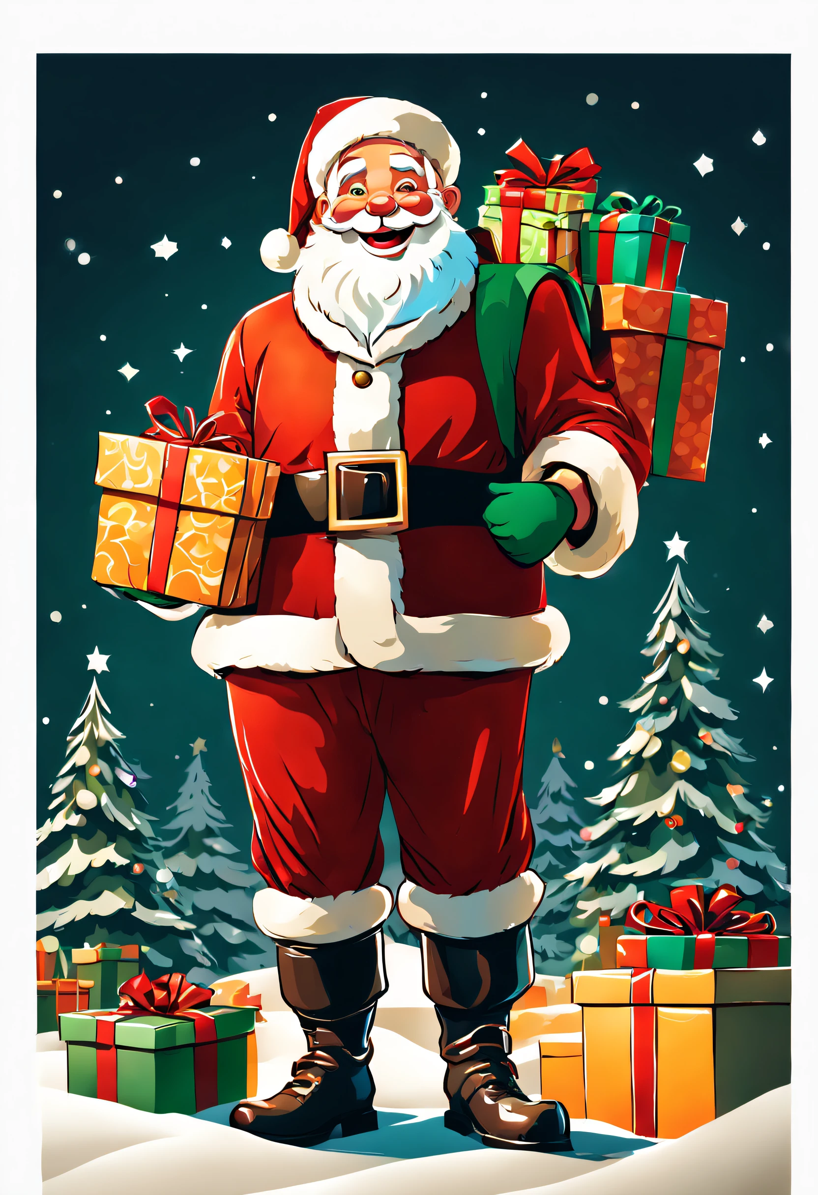 cartoon style, santa claus smiling and giving presents