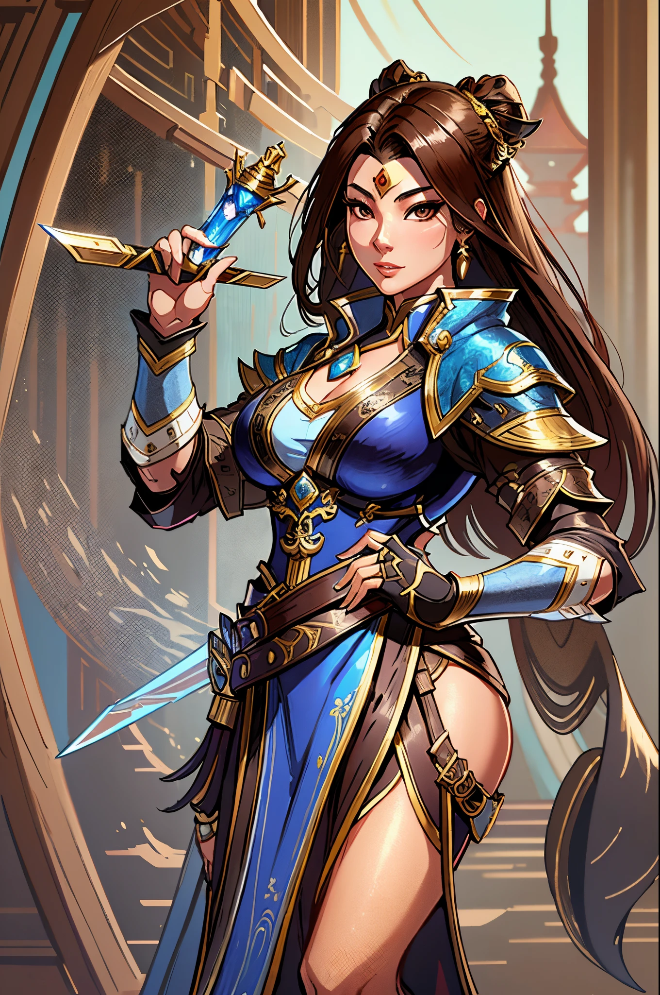 a close up of a short asian woman in her 30's, with brown eyes and brown hair, wearing a black and blue robed clothes, a heroine with brown eyes, holding a sword, mage with water magic, standing in an asian city, new costume concept design, in the style of blade and soul, full body character concept, detailed character design, inspired by Yang Jin, inspired by Li Mei-Shu, chinese costume, inspired by Lan Ying, inspired by Sim Sa-Jeong, inspired by Li Tang, lunar themed attire, costume with gold accents, inspired by Ju Lian, colored concept art, highly detailed character design, highly detailed face, inspired by Ai Xuan, very highly detailed face, unreal engine render, final fantasy 14 style, inspired by Leng Mei