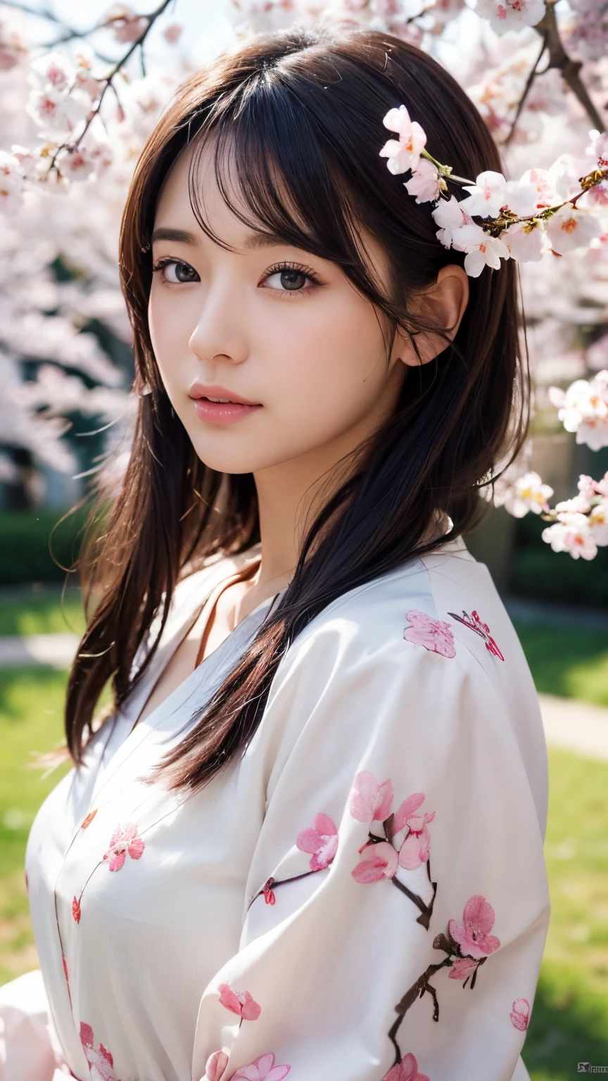 (A logo、​masterpiece、8K、masutepiece、Raw photo、Fantastic、Best Quality、Photorealistic、extremely detailed CG unified 8k wallpaper、hightquality、ighly detailed、epic poem、Particle effect、Dynamic effects、depth of fields、Cinematic Light、Lens Flare、Ray tracing)、Fantasia、 (Beauty 1 person、White Japanese Clothing、Japanese dress、White cherry blossom pattern、White cherry blossom embroidery pattern、A dark-haired、Beautiful face、Real Face、Beautiful detail eyes、Beautiful skin)、Hair flutters in the wind、Hair jumps、Pink cherry blossom tree、Petals flutter、Sakura blizzard、Superb view、morning glow、Sun in the background、the wind、Deities、tusk、myth、Vast Land、