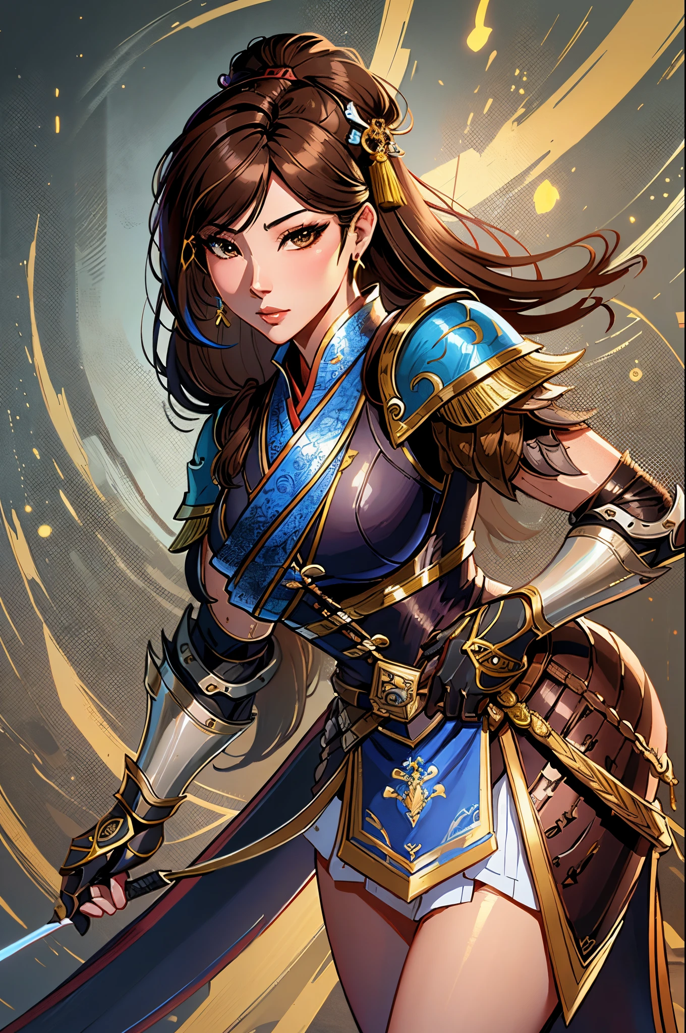 a close up of a short asian woman in her 30's, with brown eyes and brown hair, wearing a black and blue robed clothes, a heroine with brown eyes, holding a sword, mage with water magic, standing in an asian city, new costume concept design, in the style of blade and soul, full body character concept, detailed character design, inspired by Yang Jin, inspired by Li Mei-Shu, chinese costume, inspired by Lan Ying, inspired by Sim Sa-Jeong, inspired by Li Tang, lunar themed attire, costume with gold accents, inspired by Ju Lian, colored concept art, highly detailed character design, highly detailed face, inspired by Ai Xuan, very highly detailed face, unreal engine render, final fantasy 14 style, inspired by Leng Mei