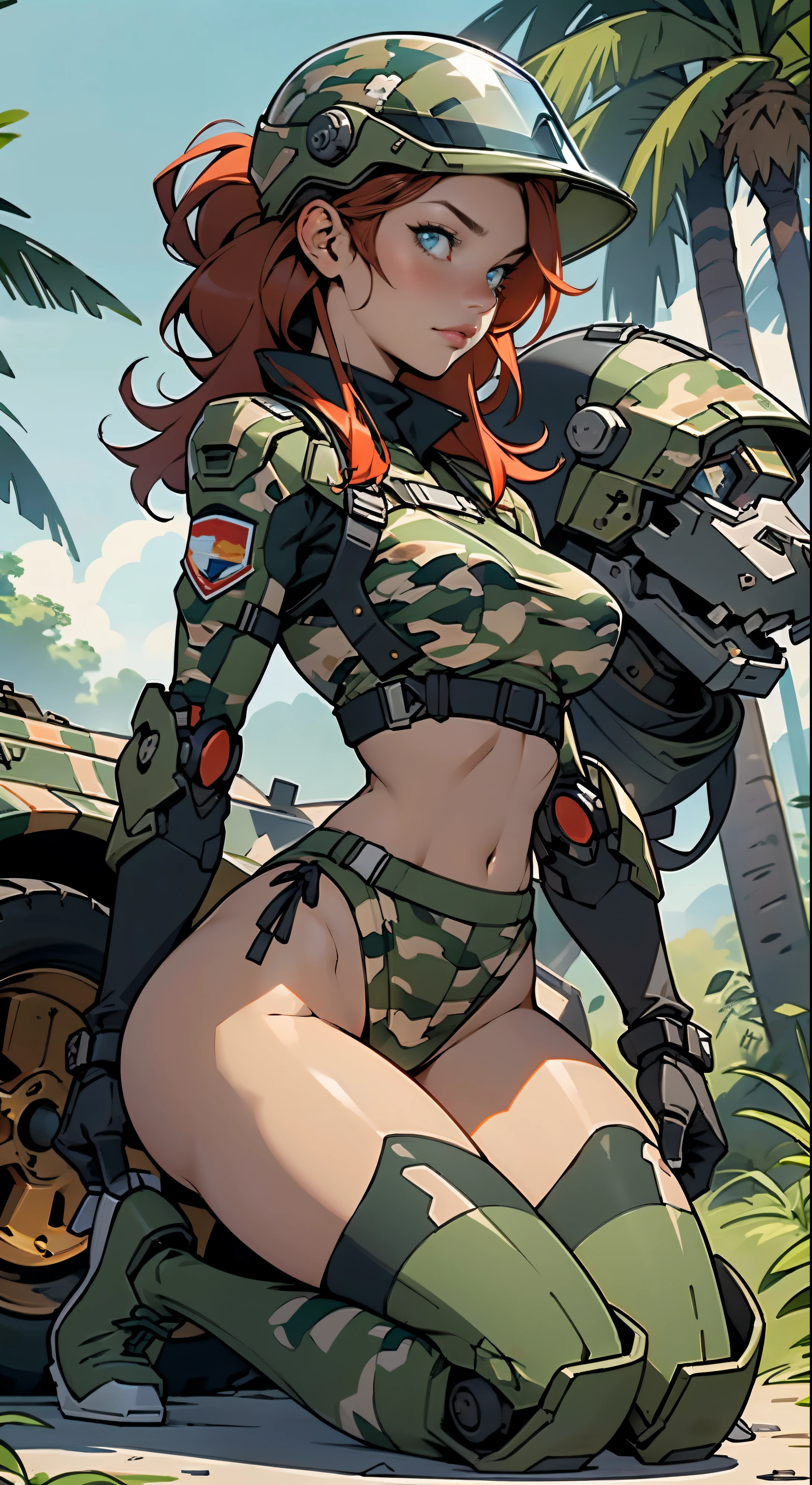 1woman 20 years old, max resolution, sculpted, military, wearing a soldier helmet, beautiful, perfect body, red hair, blue eyes, perfect body, thin waist, wide hips, large breasts, slim thighs, jungle background, armored vehicle, military robot dog, camouflaged uniform, tight panties, two-piece, highly detailed, high resolution, perfect hands, side view, camo, face fully turned to the side to look at the viewer, turn her head to look at the viewer, genuflection kneeling, one knee on ground, one knee up