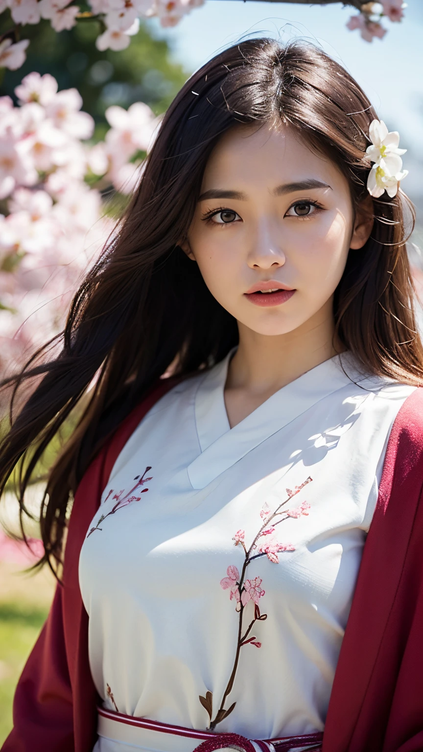 (A logo、masterpiece、8K、masutepiece、Raw photo、Fantastic、Best Quality、Photorealistic、extremely detailed CG unified 8k wallpaper、hightquality、ighly detailed、epic poem、Particle effect、Dynamic effects、depth of fields、Cinematic Light、Lens Flare、Ray tracing)、Fantasia、 (Beauty 1 person、White Japanese Clothing、Japanese dress、White cherry blossom pattern、White cherry blossom embroidery pattern、A dark-haired、Beautiful face、Real Face、Beautiful detail eyes、Beautiful skin)、Hair flutters in the wind、Hair jumps、Pink cherry blossom tree、Petals flutter、Sakura blizzard、Superb view、morning glow、Sun in the background、the wind、Deities、tusk、myth、Vast Land、