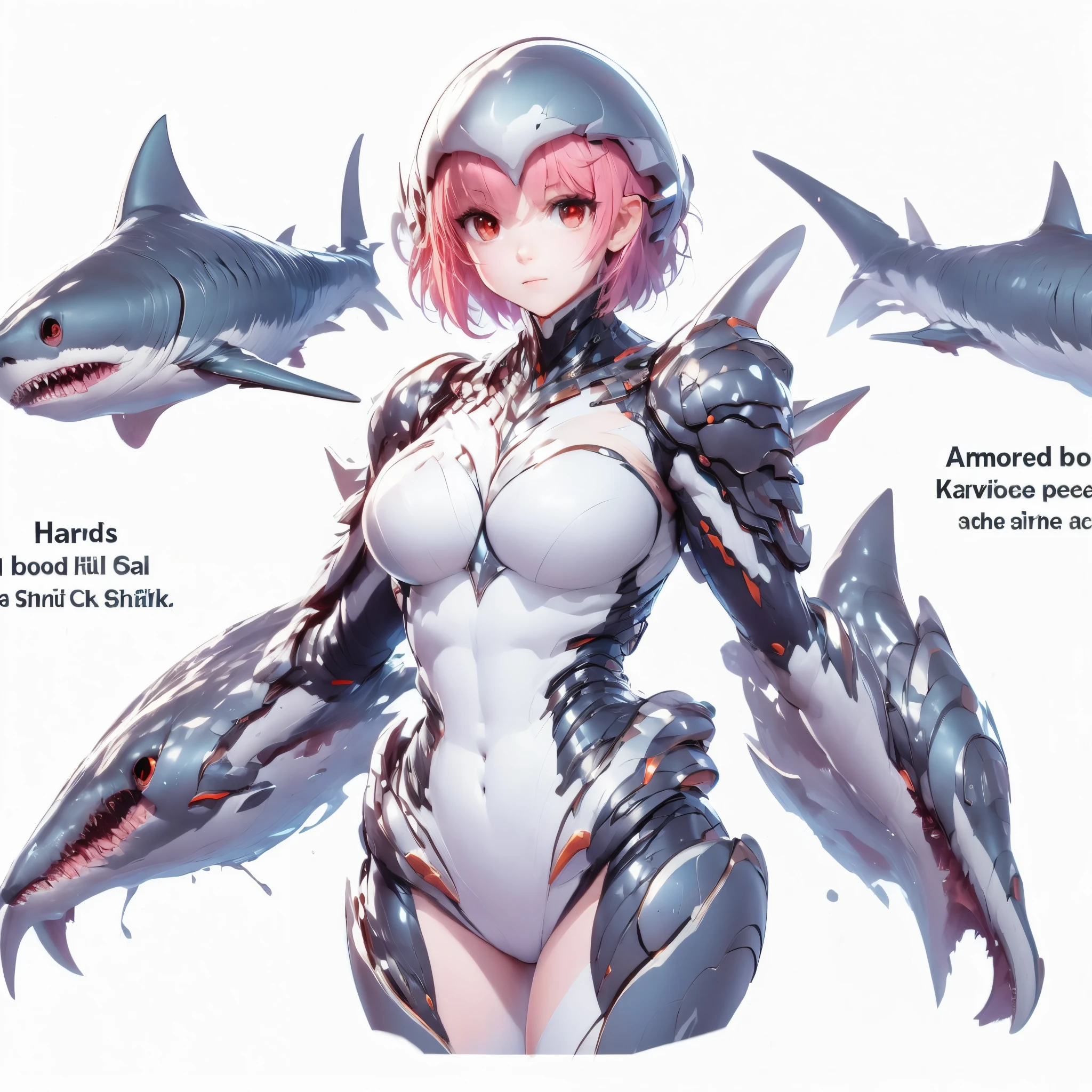 A girl who fuses with a shark. She is a beautiful girl. she is a monster element. her hands become weapons. Armored body.