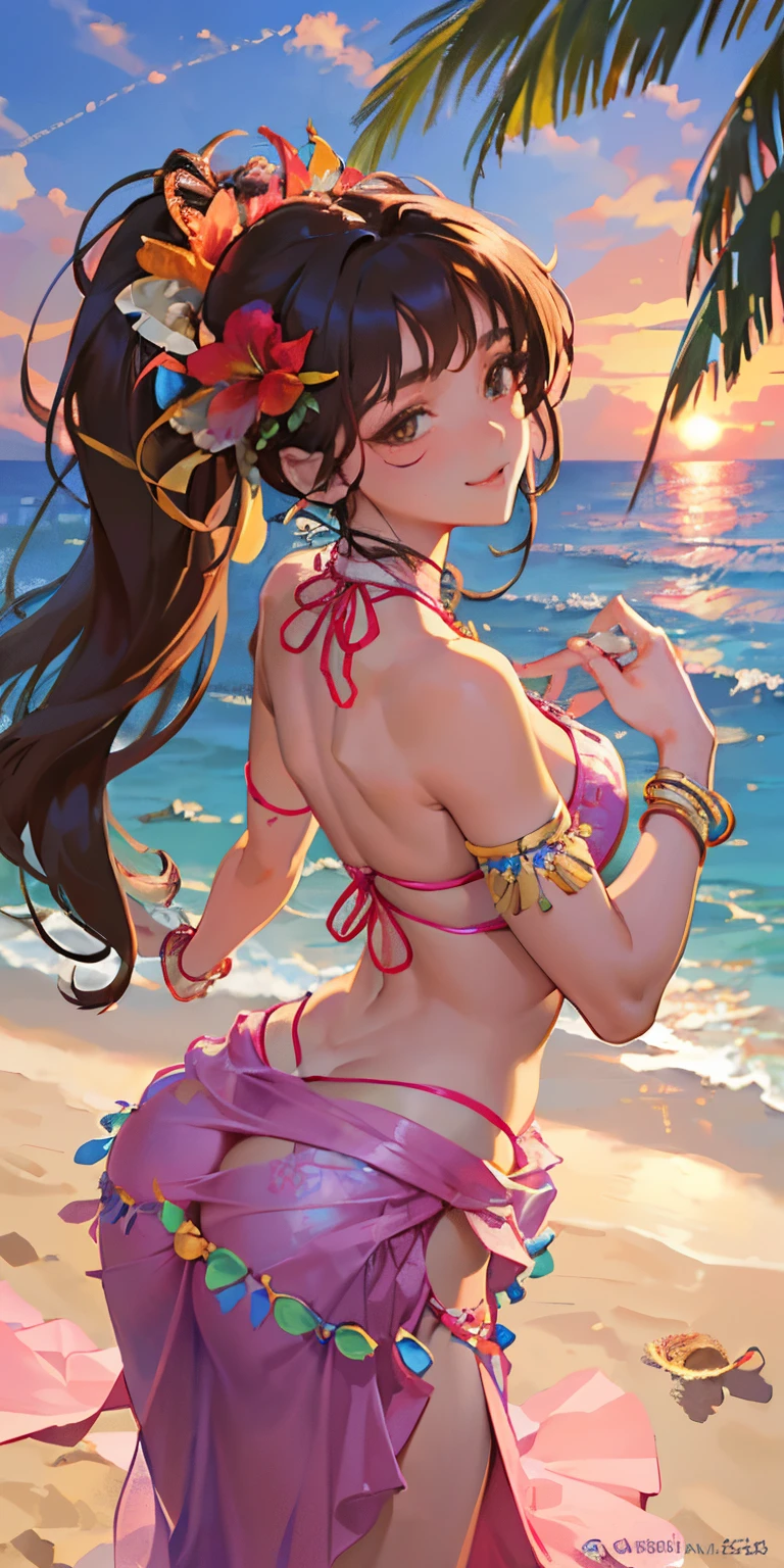 The sunset is beautiful、Buttock emphasis、16 year old girl with a realistic smile、Sit with your back to the chair、slightly expand your chest..、wearing a big bikini on the butt、(Super close-up looking up from below、Smile、facing back、Super close-up shot of the butt.、Slightly thicker emphasis on the thighs、She is wearing a micro bikini with a floral pattern on her chest............................、Emphasis on cleavage、sexy brown skin tone、Tahitian dancer、dance tahitian dance、pareo(wear a skirt around the waist)、seashell necklace around neck、hibiscus ornament in hair、Sexy Posing、Tropical Beach
