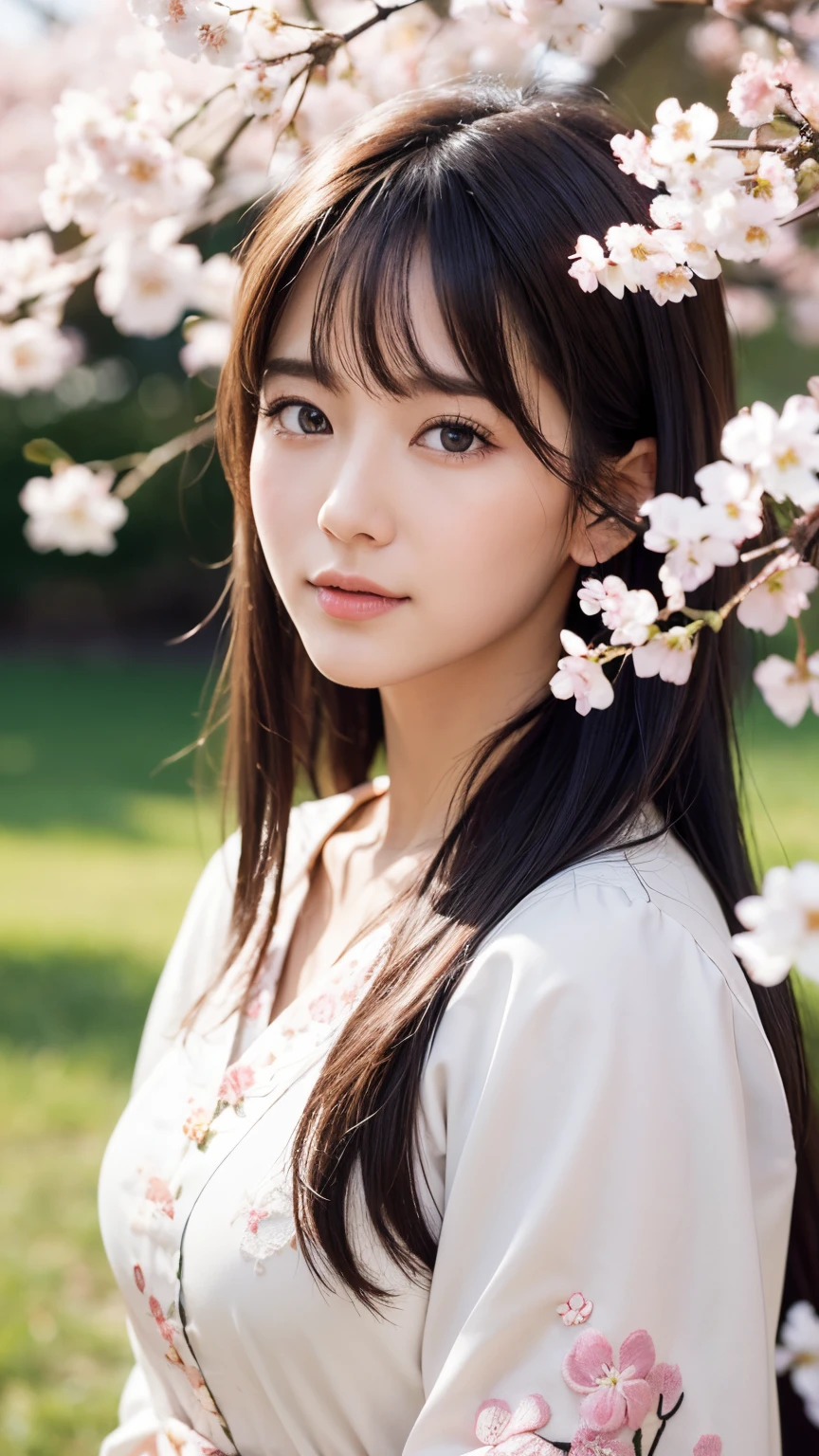 (A logo、masterpiece、8K、masutepiece、Raw photo、Fantastic、Best Quality、Photorealistic、extremely detailed CG unified 8k wallpaper、hightquality、ighly detailed、epic poem、Particle effect、Dynamic effects、depth of fields、Cinematic Light、Lens Flare、Ray tracing)、Fantasia、 (Beauty 1 person、White Japanese Clothing、Japanese dress、White cherry blossom pattern、White cherry blossom embroidery pattern、A dark-haired、Beautiful face、Real Face、Beautiful detail eyes、Beautiful skin)、Hair flutters in the wind、Hair jumps、Pink cherry blossom tree、Petals flutter、Sakura blizzard、Superb view、morning glow、Sun in the background、the wind、Deities、tusk、myth、Vast Land、