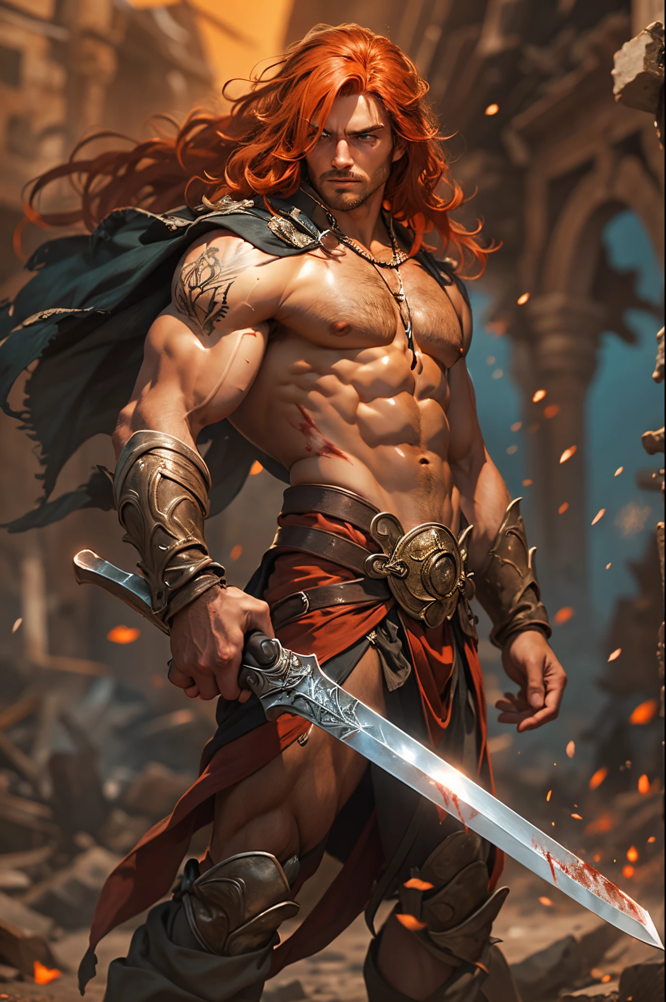 male, muscular, bodybuilder, (1 man with long red hair, stubble, blue eyes), (1 man with long black hair, stubble, grey eyes), wearing loincloth, shirtless, wearing jewel encrusted harness for weapons, (tattoos), (stubble), gold ornaments, grim expression, warriors in battle in ruins of a stone temple, sword, cuts, blood, in a rust colored desert, two moons, orange sky, bokeh, raytracing, realistic textured skin, particle effects, depth of field, beautiful figure painting, bright light, amazing composition, HDR, volumetric lighting, ultra quality, elegant, highly detailed, masterpiece, best quality, high resolution,