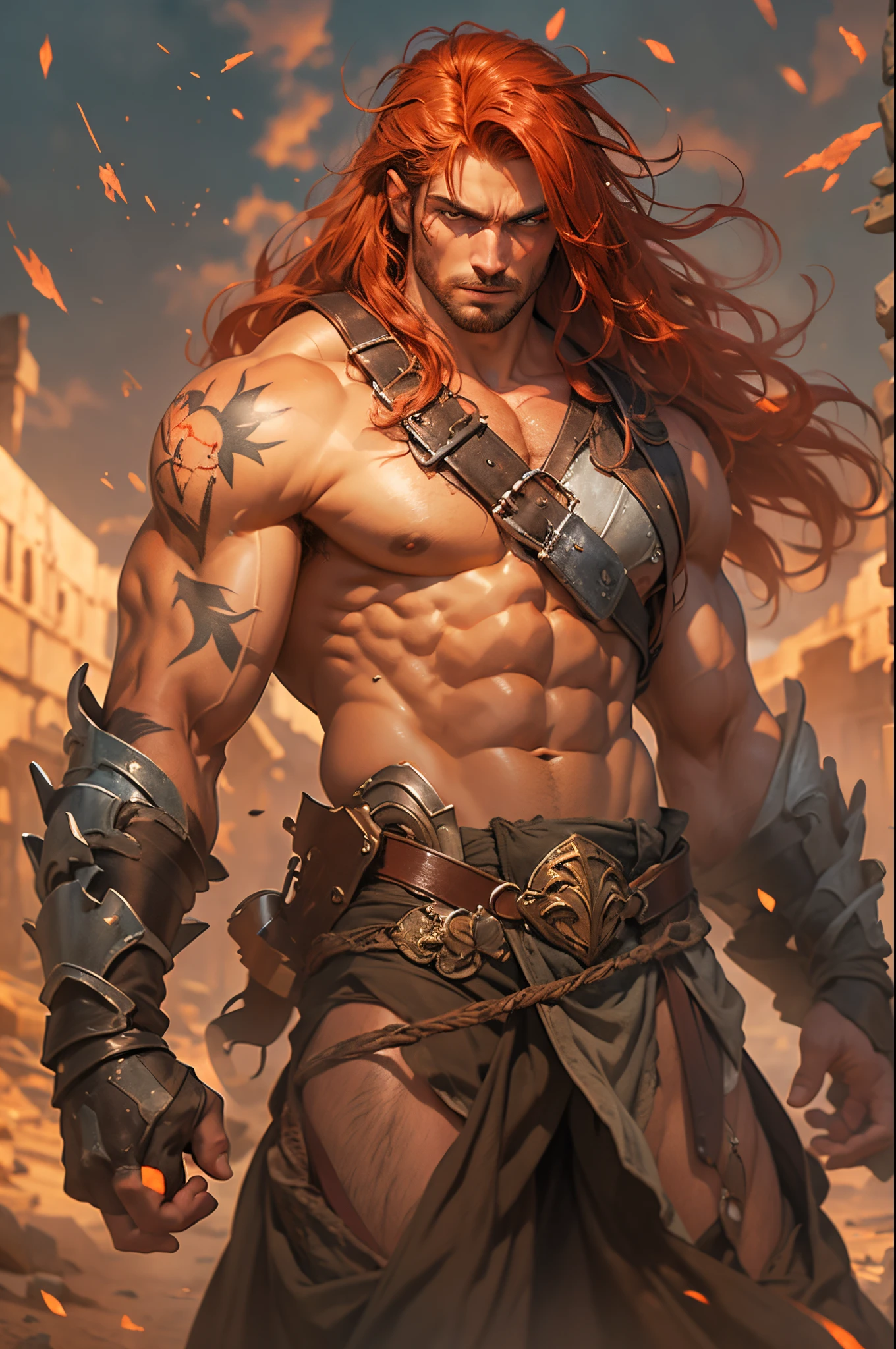 male, muscular, bodybuilder, (1 man with long red hair, stubble, blue eyes), (1 man with long black hair, stubble, grey eyes), wearing loincloth, shirtless, wearing jewel encrusted harness for weapons, (tattoos), (stubble), gold ornaments, grim expression, warriors in battle in ruins of a stone temple, sword, cuts, blood, in a rust colored desert, two moons, orange sky, bokeh, raytracing, realistic textured skin, particle effects, depth of field, beautiful figure painting, bright light, amazing composition, HDR, volumetric lighting, ultra quality, elegant, highly detailed, masterpiece, best quality, high resolution,