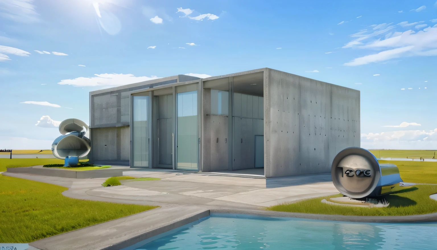 rendering of a mordern building, a concrete walkway, a concrete building, ((beautiful open grass lawn in front and side)), ((beautiful blue sky, daylight)), masterpiece, ultra-detailed, realistic rendering, commercial rendering, 4K