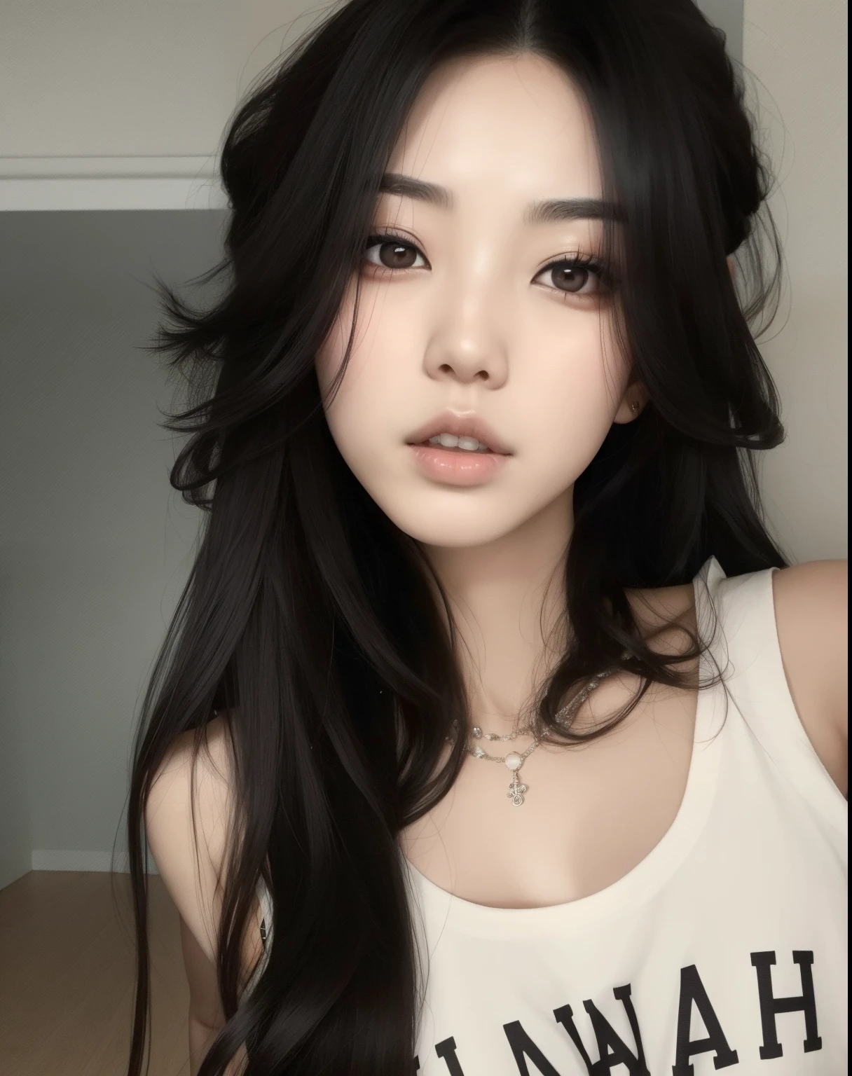 Arafed Asian woman with long black hair and a white tank top, Ulzzang, cruel korean goth girl, menina coreana, Mulher sul-coreana bonita, wan adorable korean face, linda mulher coreana jovem, young cute wan asian face, mulher coreana jovem bonita, Asian girl with long hair, Xision Wu, Beautiful Asian girl, Mulher coreana, whitebangscabelo negro