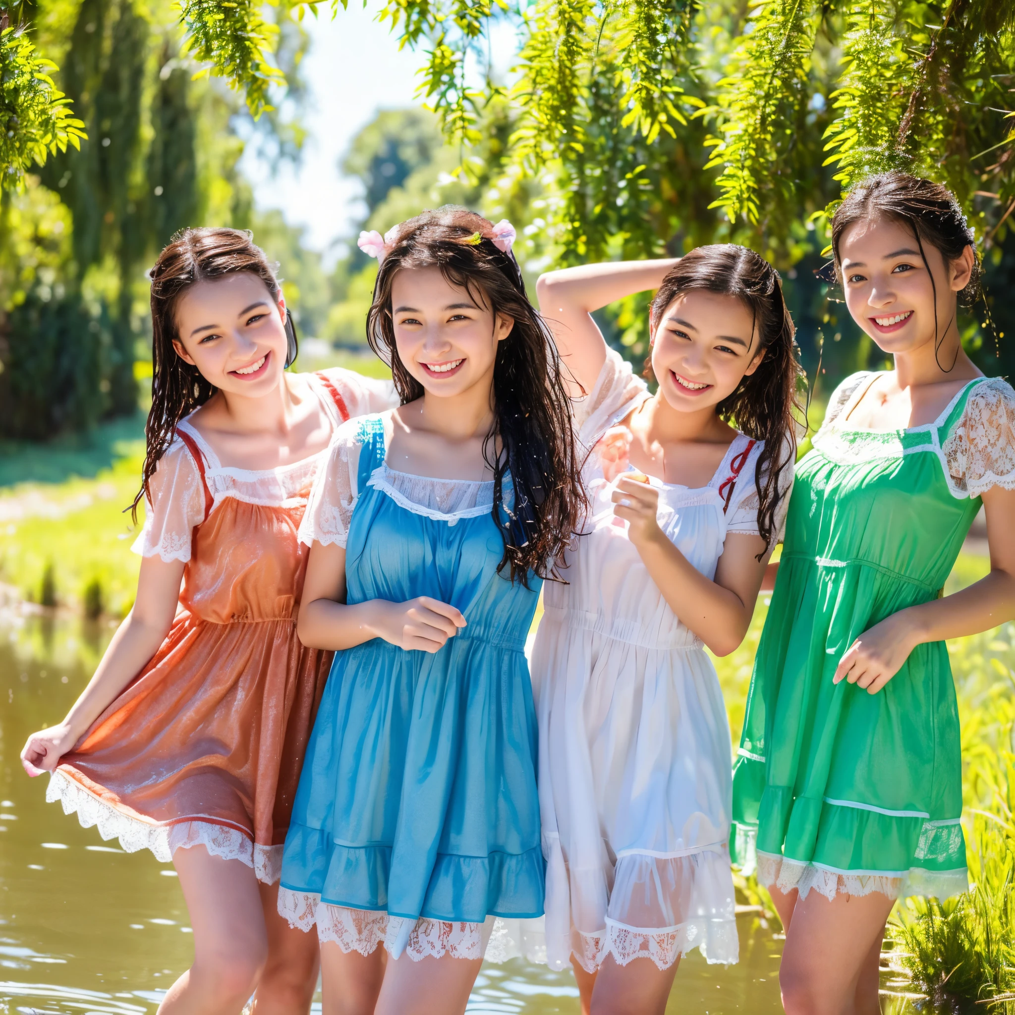 (masterpiece, 8k, best quality:1.2), in the stream, outdoor, 2 girls, women of varied ethnicity, smile, lace teddy, chemise, wet clothes, soaked, wet hair, wet skin, translucent, glistening with oil, drenched, bright sunshine, see through, playful, varied poses