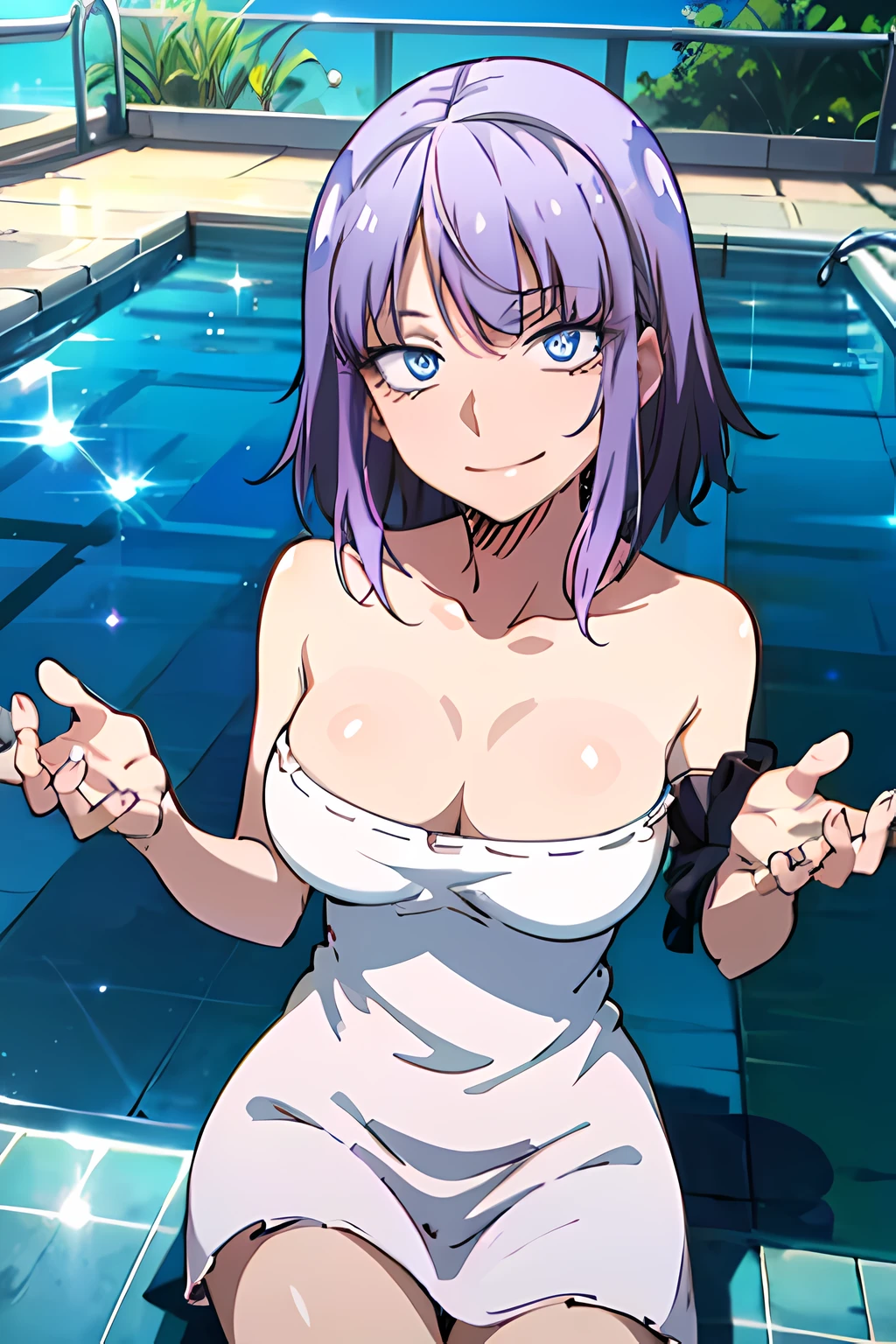 Hotaru Shidare naked, smiling, sitting by a pool, perfect hands, perfect face, perfect anatomy, high res, ultrasharp, looking at viewer