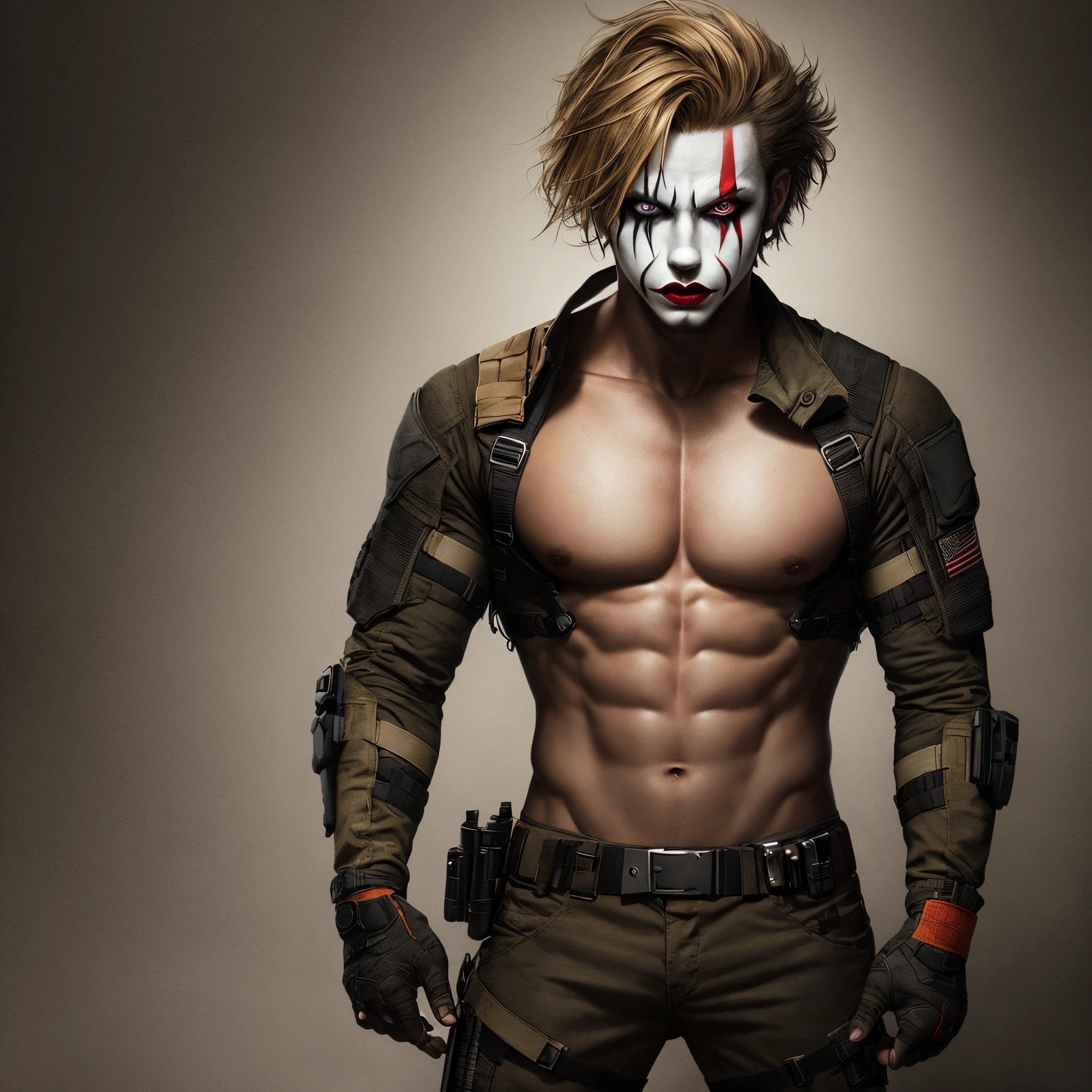 sketch art style, man, half blonde half light brown hair, tactical gear, fully body shot, clown eye makeup, grunge art